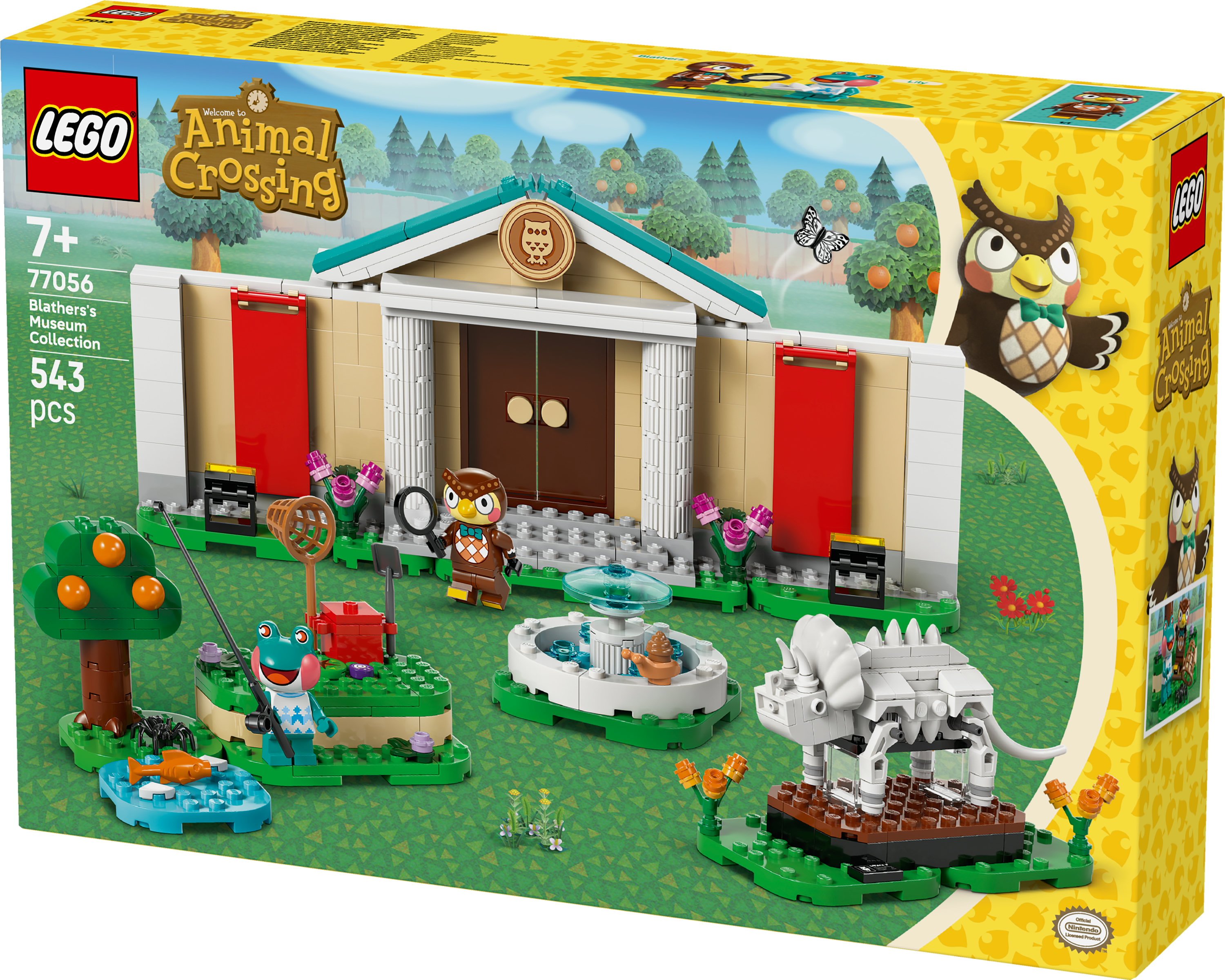 Scatola del set LEGO Animal Crossing. Presenta un museo, personaggi gufo e varie figure Lego del gioco.