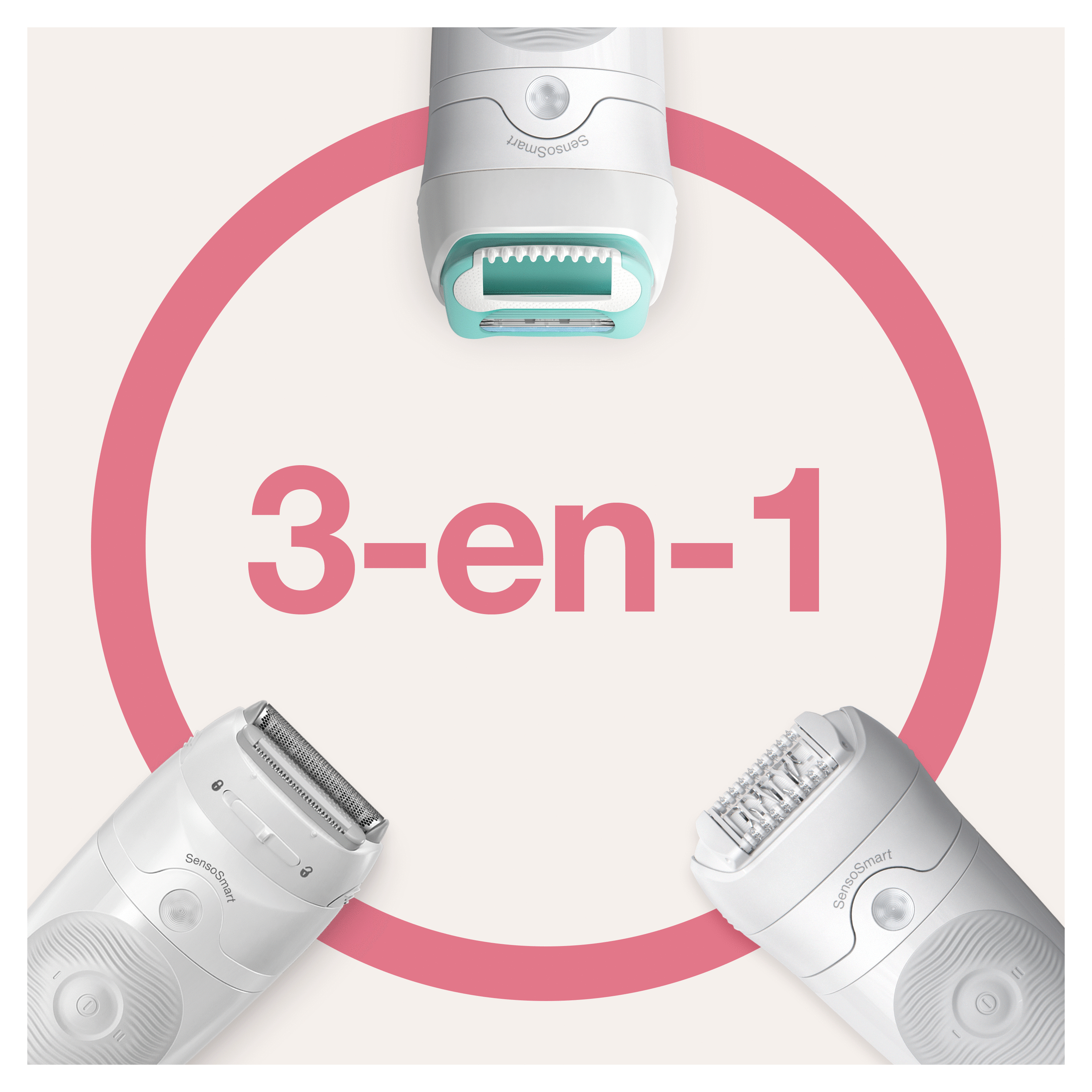 Trzy białe depilatory z różowymi akcentami i tekstem '3-en-1' na jasnym tle.