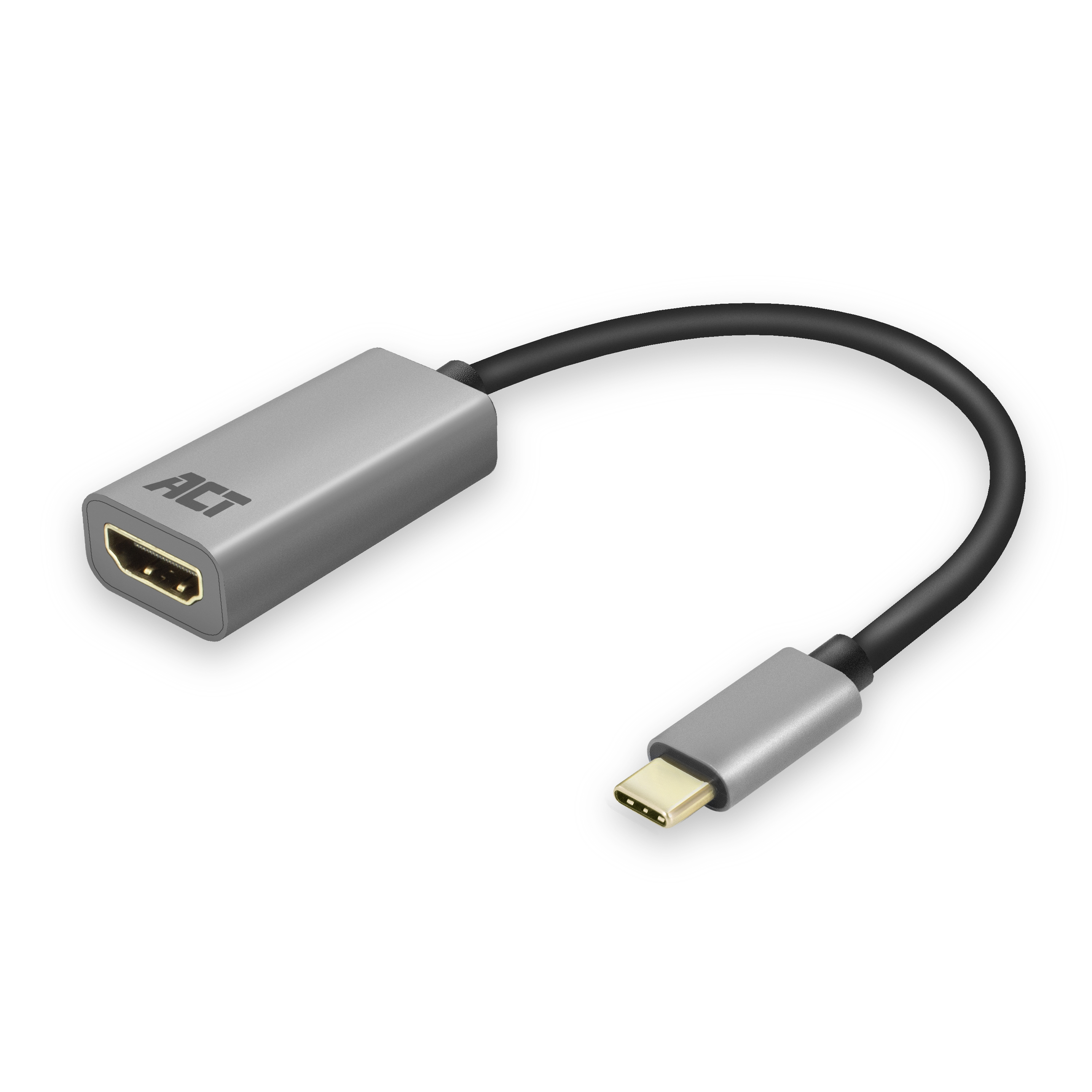 Un cavo adattatore grigio da HDMI a USB-C su una superficie bianca. Il cavo è curvo. L'estremità HDMI ha 'ACT'.
