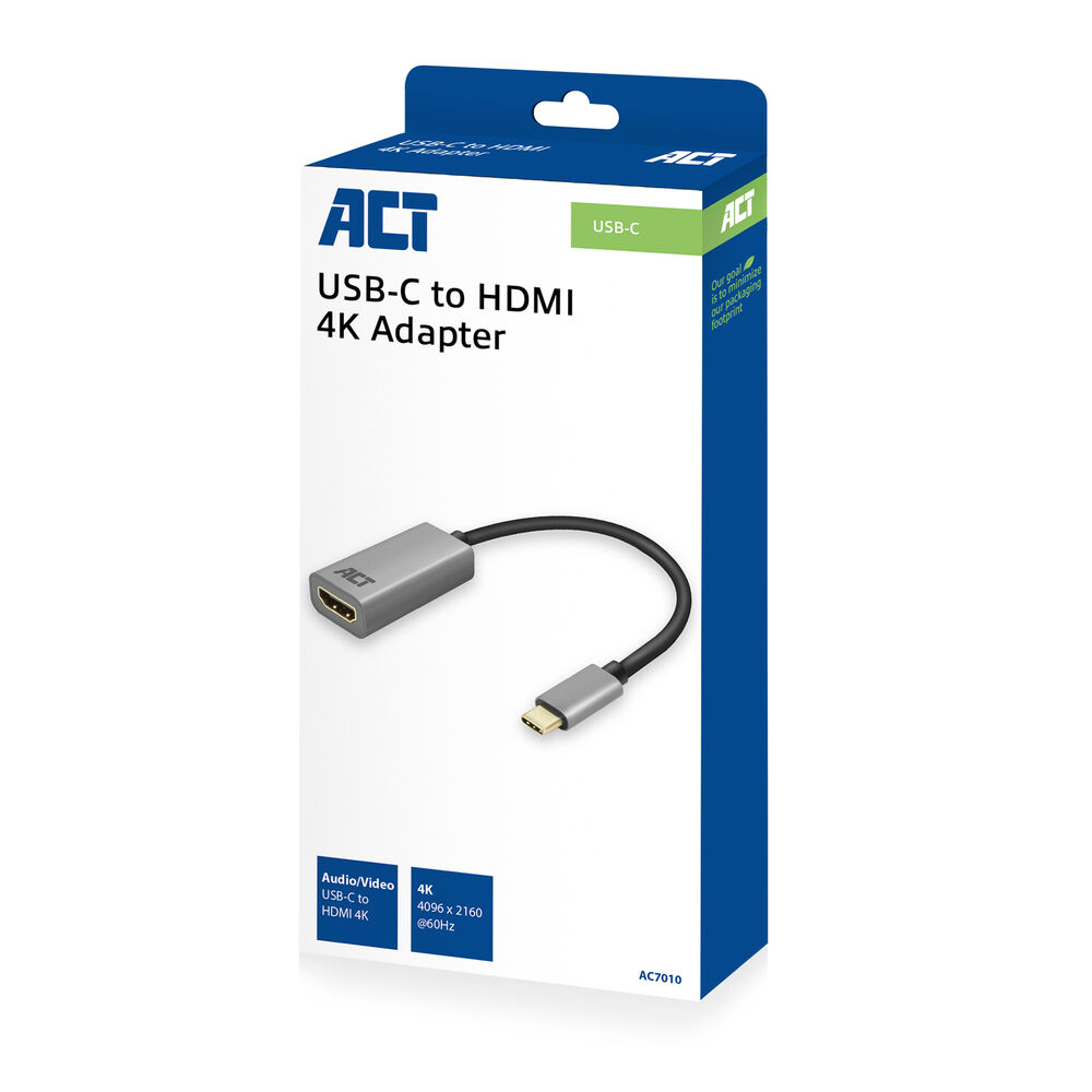 Scatola con un adattatore USB-C a HDMI 4K. L'adattatore è grigio e la scatola è principalmente blu e bianca con il logo 'ACT'.