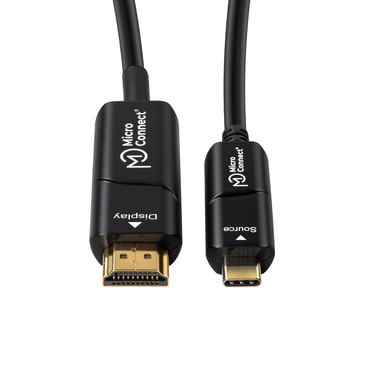 Dwa czarne kable wyświetlacza Micro Connect, jeden ze złączem HDMI, drugi ze złączem USB-C, na białym tle.
