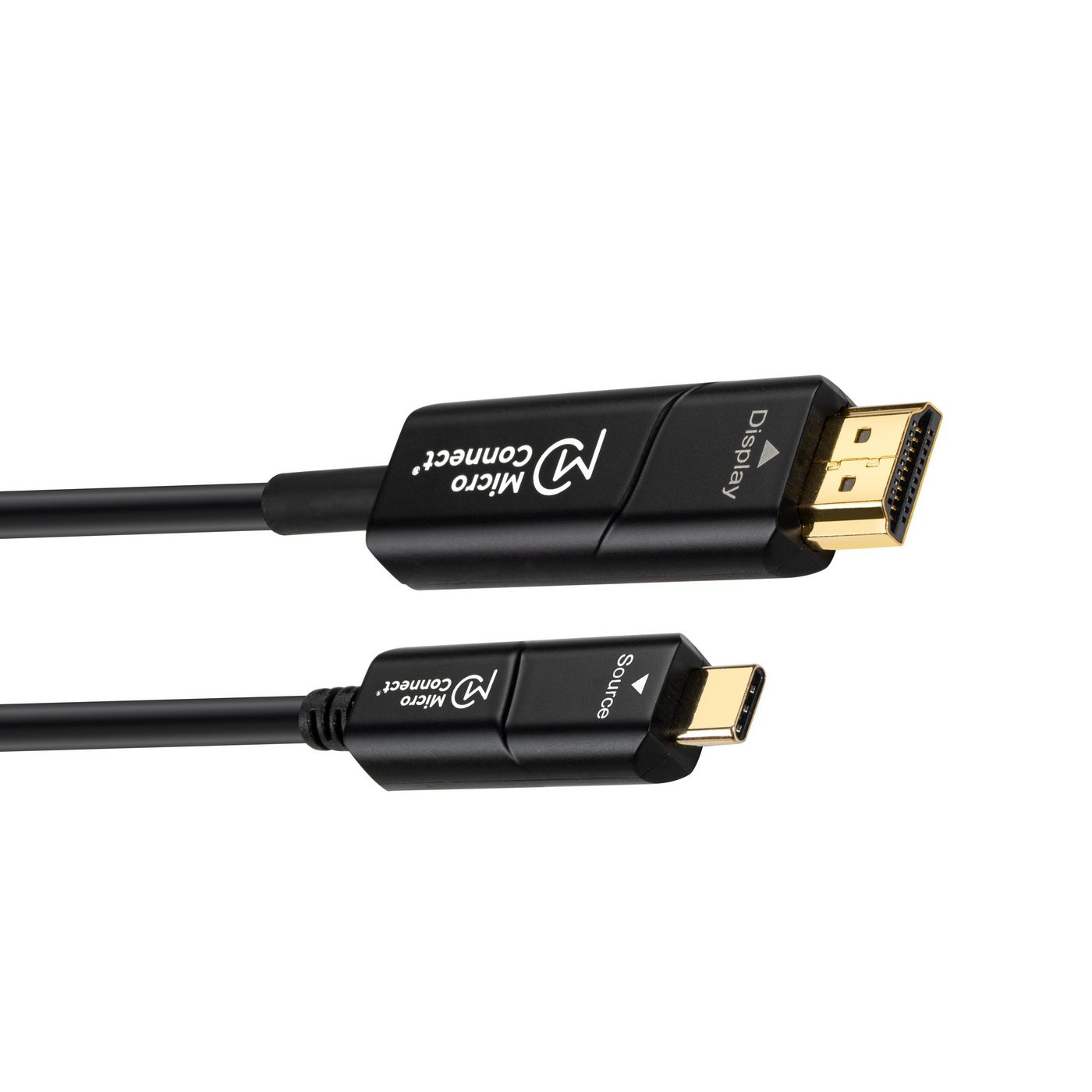 Czarny kabel Micro Connect ze złączem USB-C na jednym końcu i złączem HDMI na drugim. Etykiety mówią 'Źródło' i 'Wyświetlacz'.