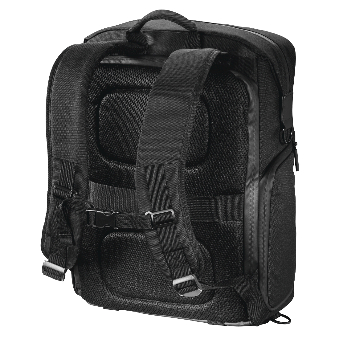 Schwarzer Rucksack mit gepolsterten Trägern, Mesh-Rückenstütze und mehreren Fächern. Verfügt über einen oberen Griff und verstellbare Schnallen.