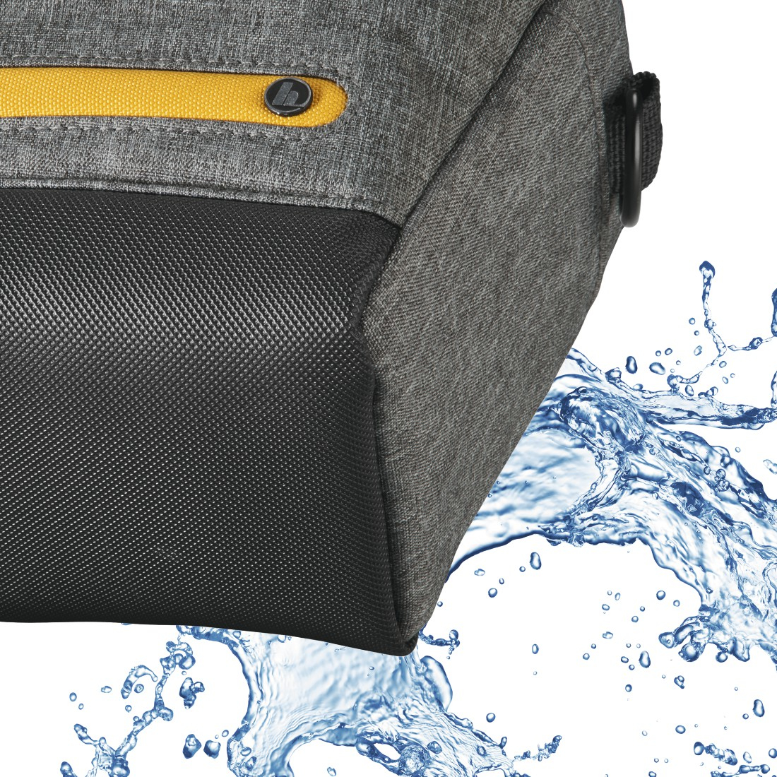 A gray and black bag with yellow accent and a water splash effect. The bag has a logo and a strap.