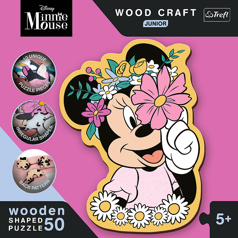 Puzzle Minnie Mouse. Minnie z koroną kwiatów i sukienką. Różowe tło. Tekst: Wood Craft, Junior, drewniana układanka 50, 5+.