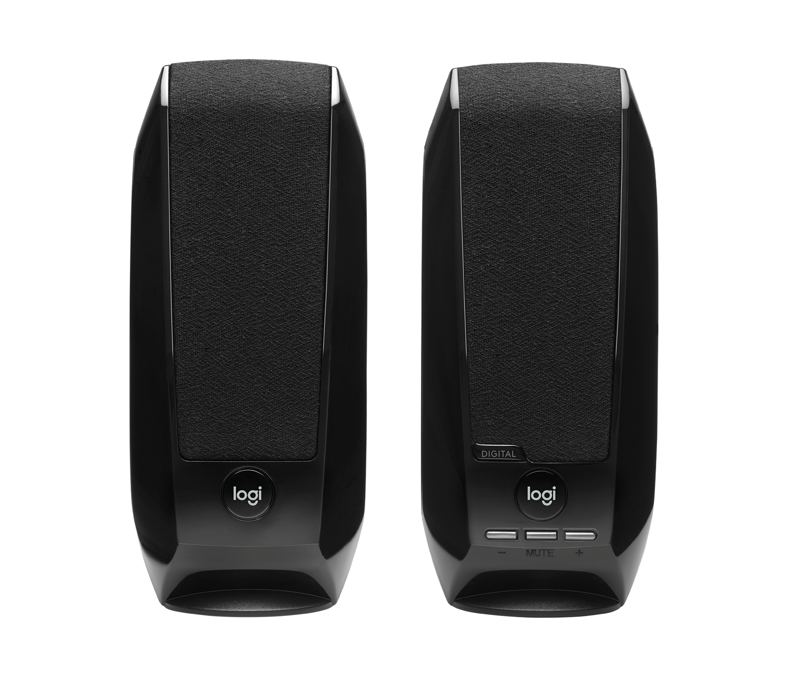 Dos altavoces negros Logitech. Cada uno tiene una parte frontal de malla, lados brillantes y el logotipo de Logitech. Uno tiene botones de volumen y silencio.