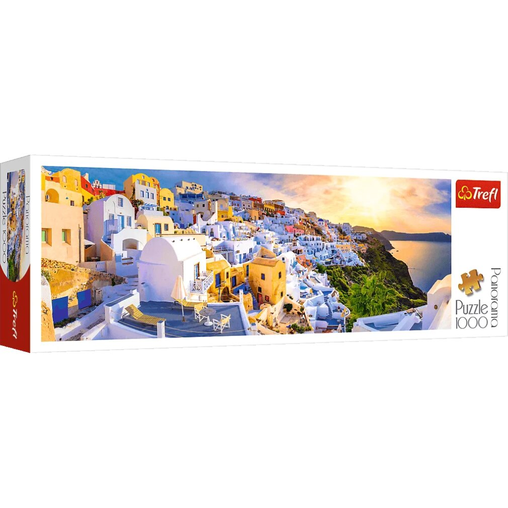 Ein Puzzlerahmen mit Häusern von Santorini. Weiße Gebäude mit blauen Akzenten fallen einen Hügel hinunter zum Meer, unter einem Sonnenuntergang.