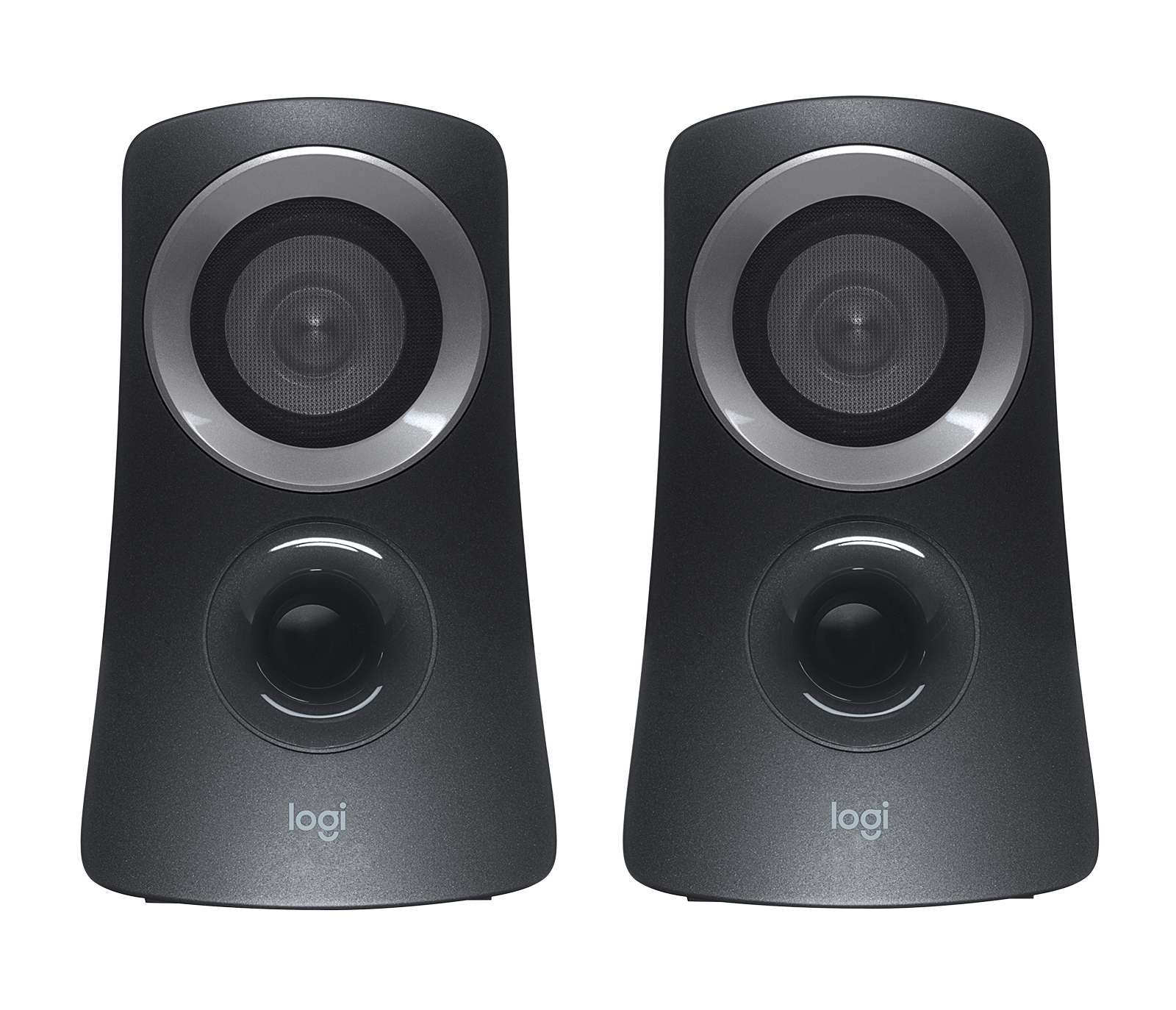 Two black computer speakers. Each has a speaker, a silver ring and a logo. The background is white.