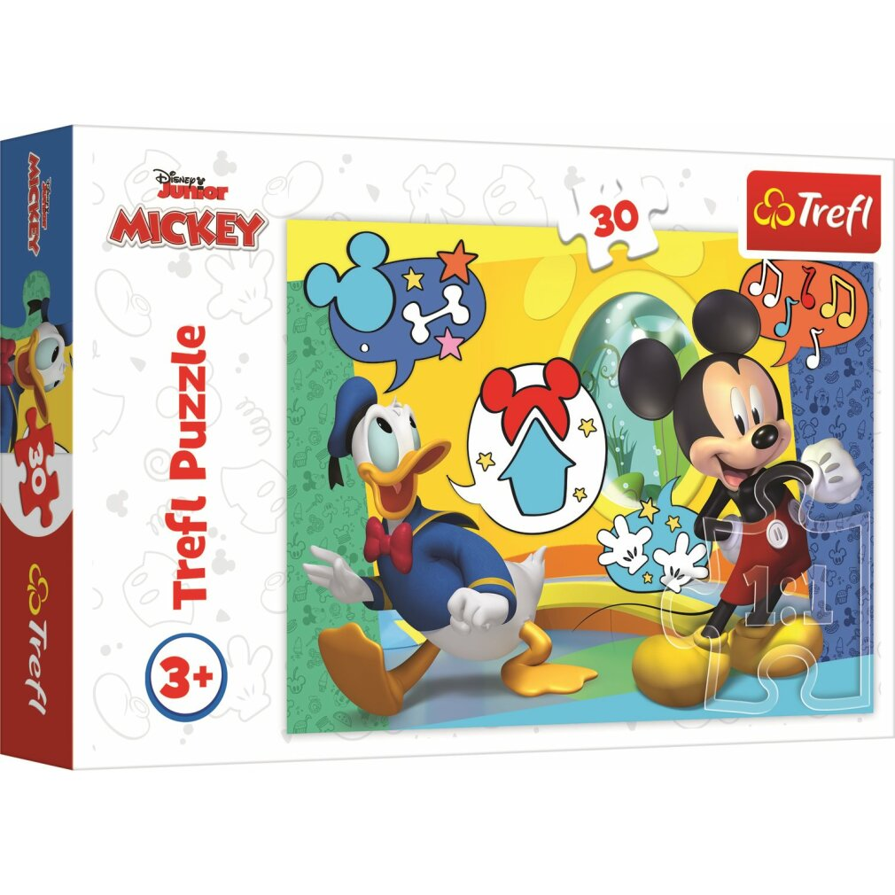 A Trefl puzzle box with Mickey and Donald Duck. The characters are in a cartoon style. The box has a 3+ age recommendation.