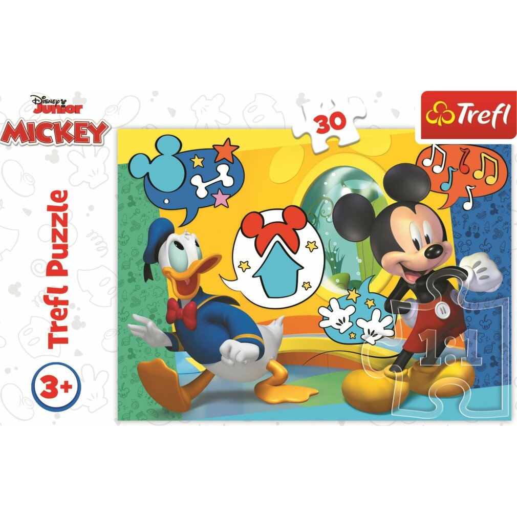 A Mickey Mouse puzzle with Mickey and Donald Duck. Colorful image with speech bubbles and stars.