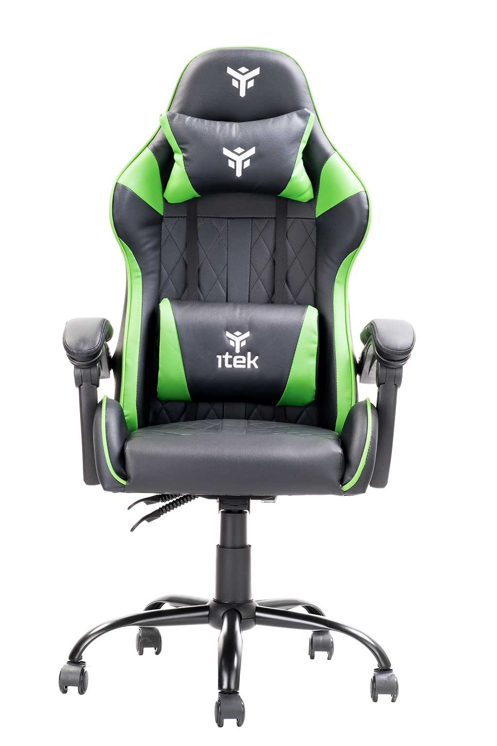 Una sedia da gaming nera e verde. Ha poggiatesta, supporto lombare, braccioli e base a cinque ruote. Isolato su bianco.