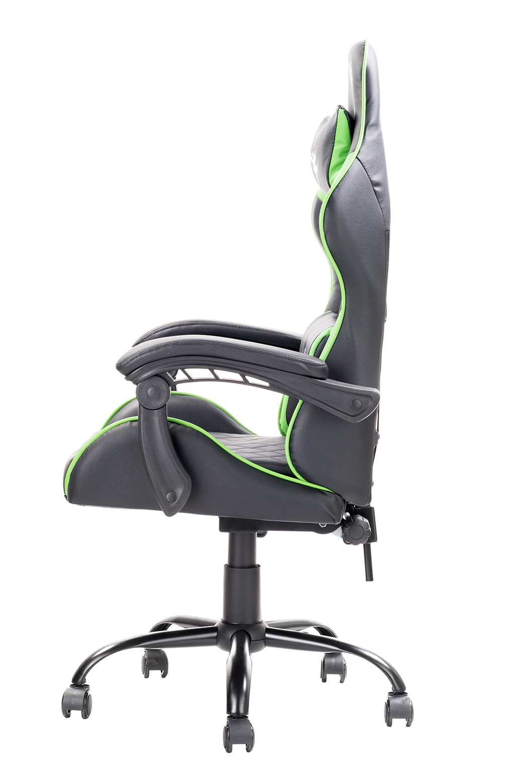 Sedia da gaming. Nera e grigia con dettagli verdi. Braccioli, schienale alto e base con ruote. Isolato su bianco.