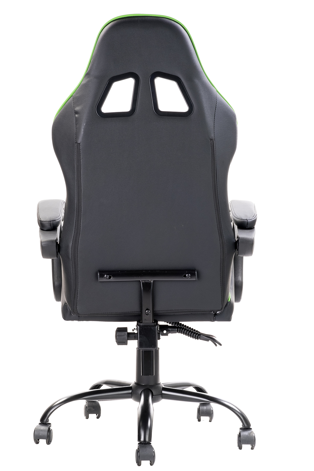 Sedia da gaming nera con finiture verdi. Ha uno schienale alto con due fori, braccioli e base a cinque ruote.
