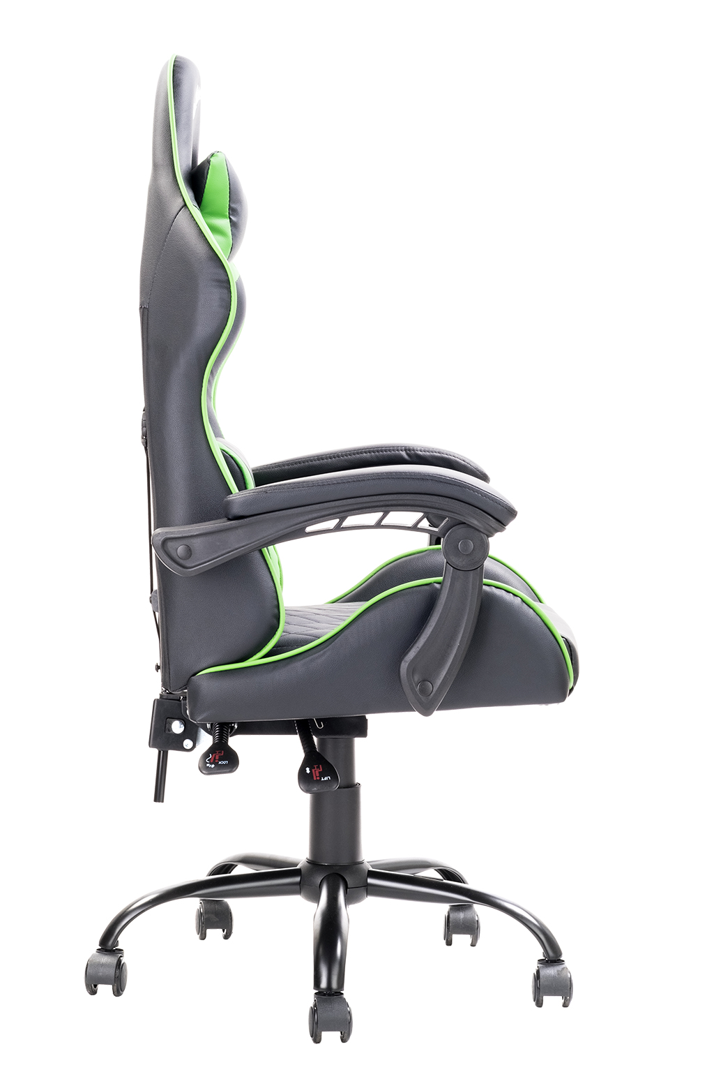 Una sedia da gaming, nera con dettagli verdi. Ha schienale alto, braccioli e base a cinque ruote, su sfondo bianco.
