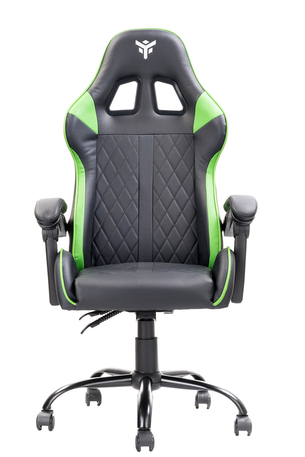 Una sedia da gaming nera e verde. Ha schienale e seduta trapuntati a diamante, dettagli verdi e un logo in alto.