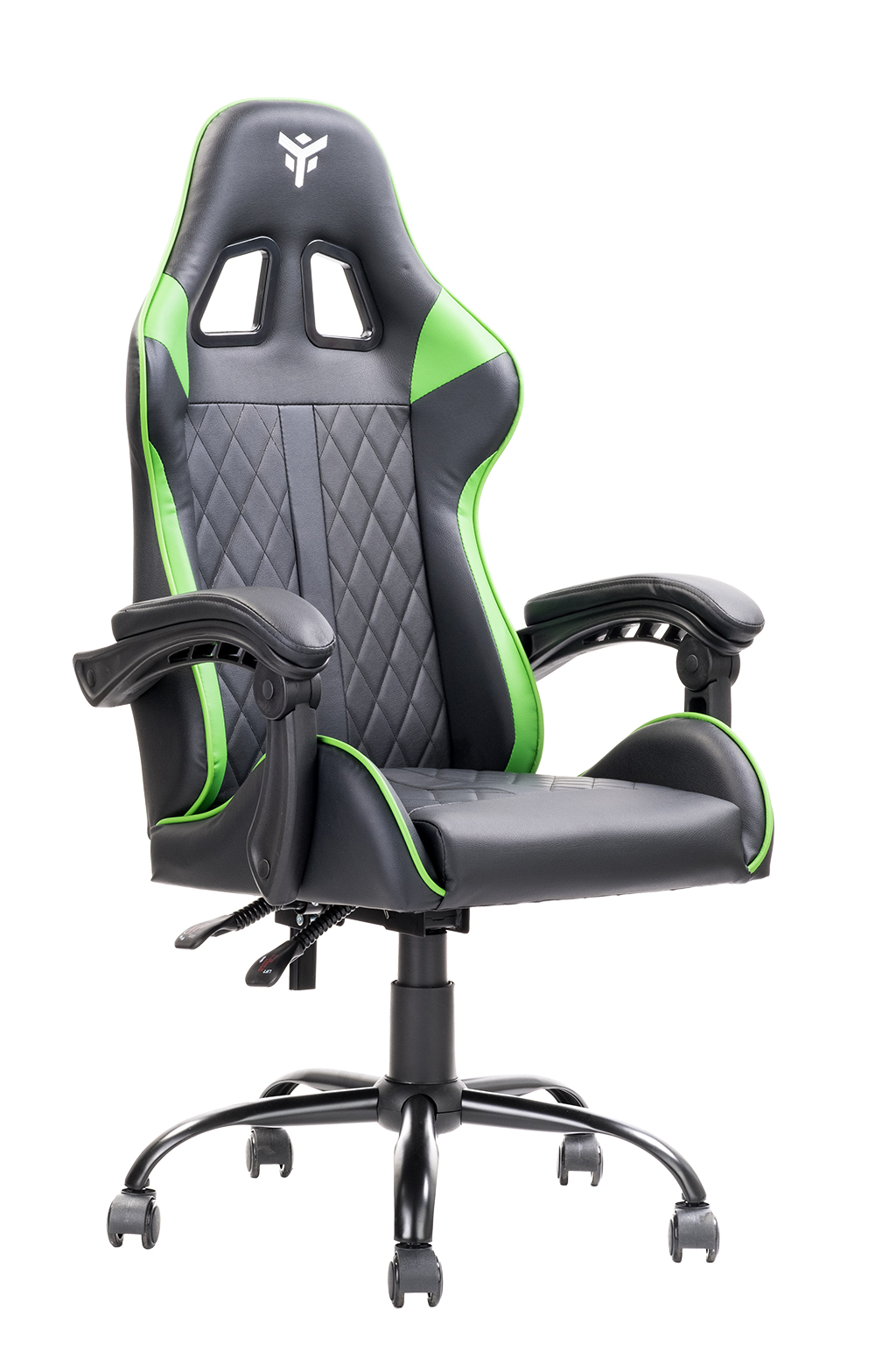 Sedia da gaming. Nera e verde con schienale trapuntato a diamante. Braccioli, poggiatesta e base a rotelle.