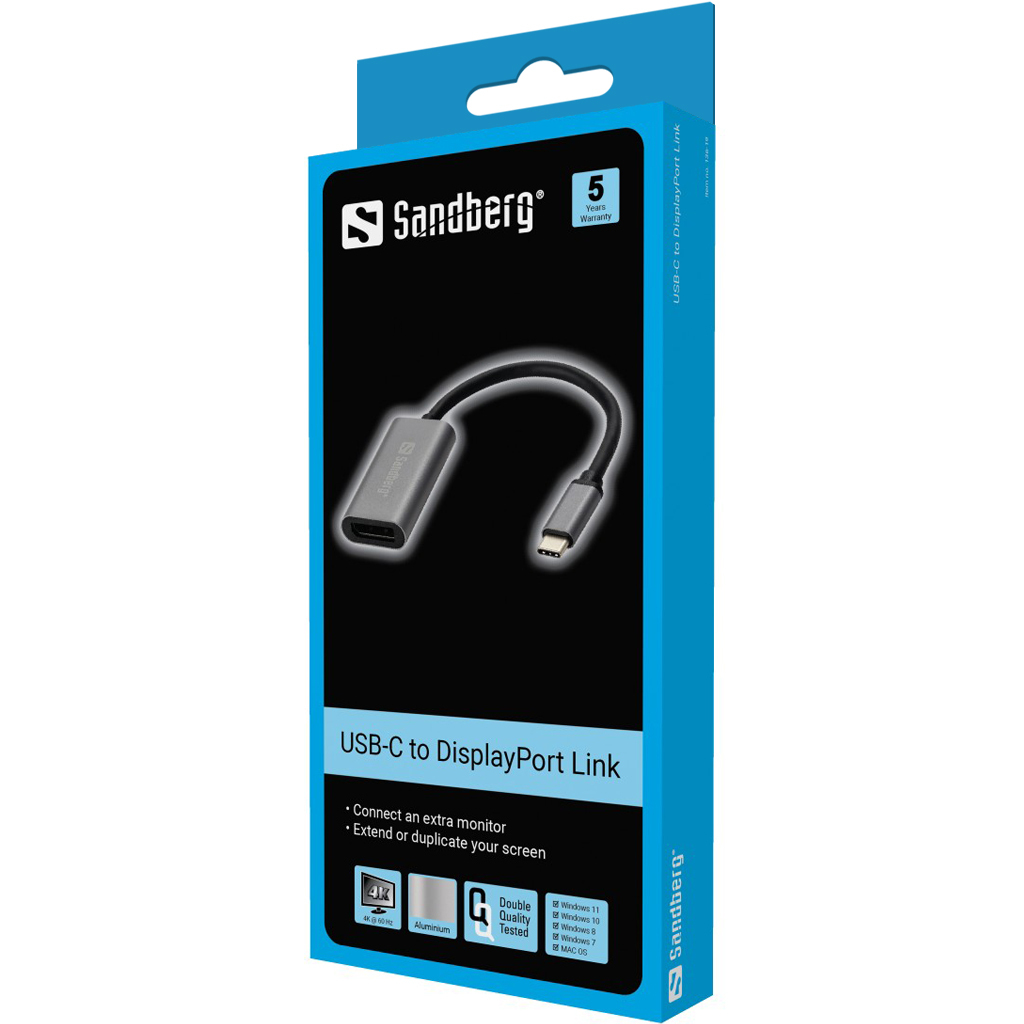 Una caja adaptadora Sandberg USB-C a DisplayPort Link. Presenta el logotipo de Sandberg, 5 años de garantía y la imagen del producto.