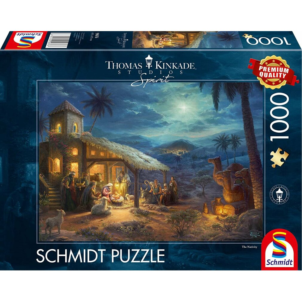 Una caja de rompecabezas de Thomas Kinkade. La imagen muestra la escena de la natividad: Jesús, María, José, pastores y camellos bajo un cielo estrellado.