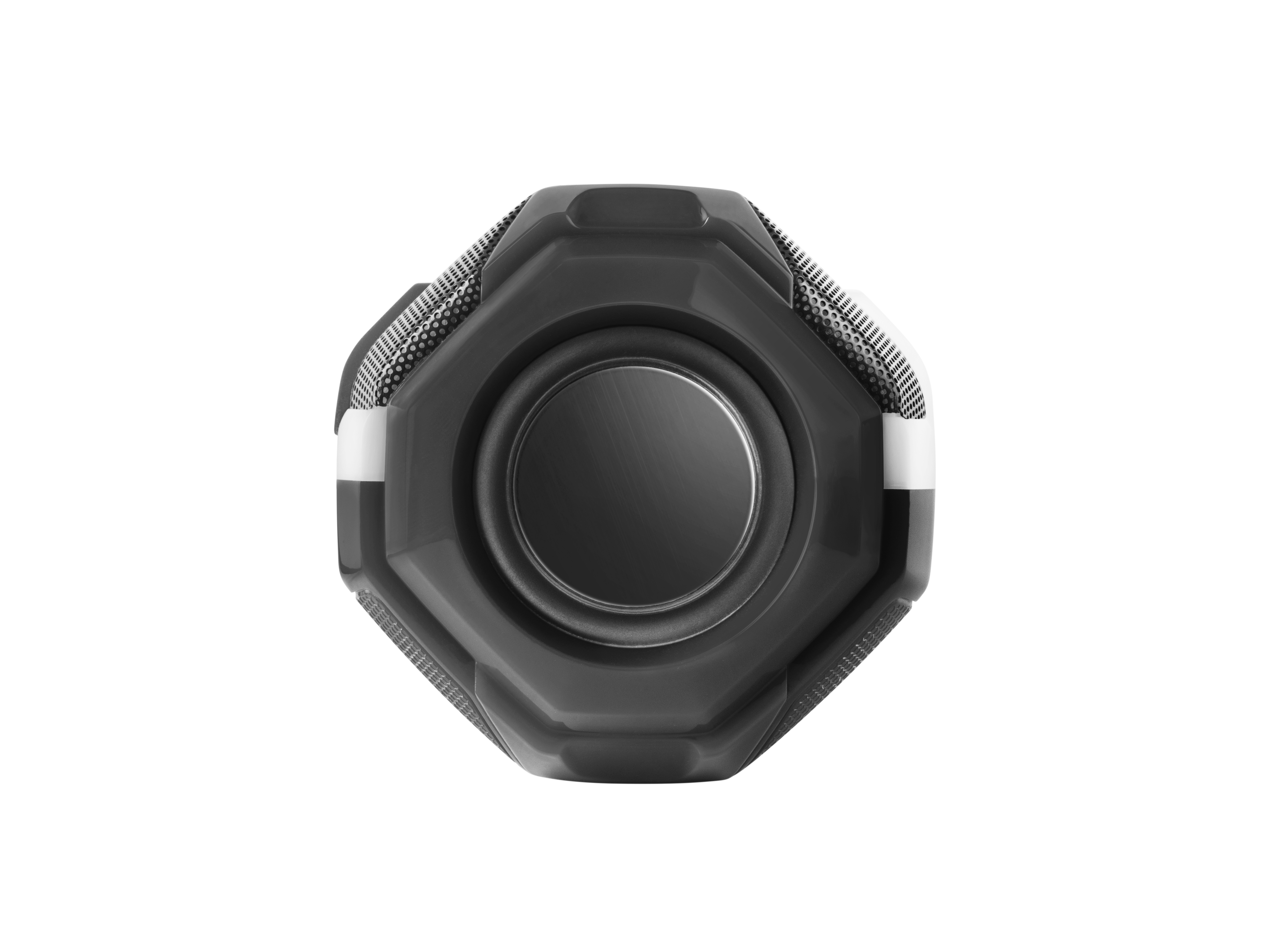 Een donkergrijze luidspreker met een centrale luidsprekerconus. Het heeft een gaas en witte accenten. Geïsoleerd op wit.