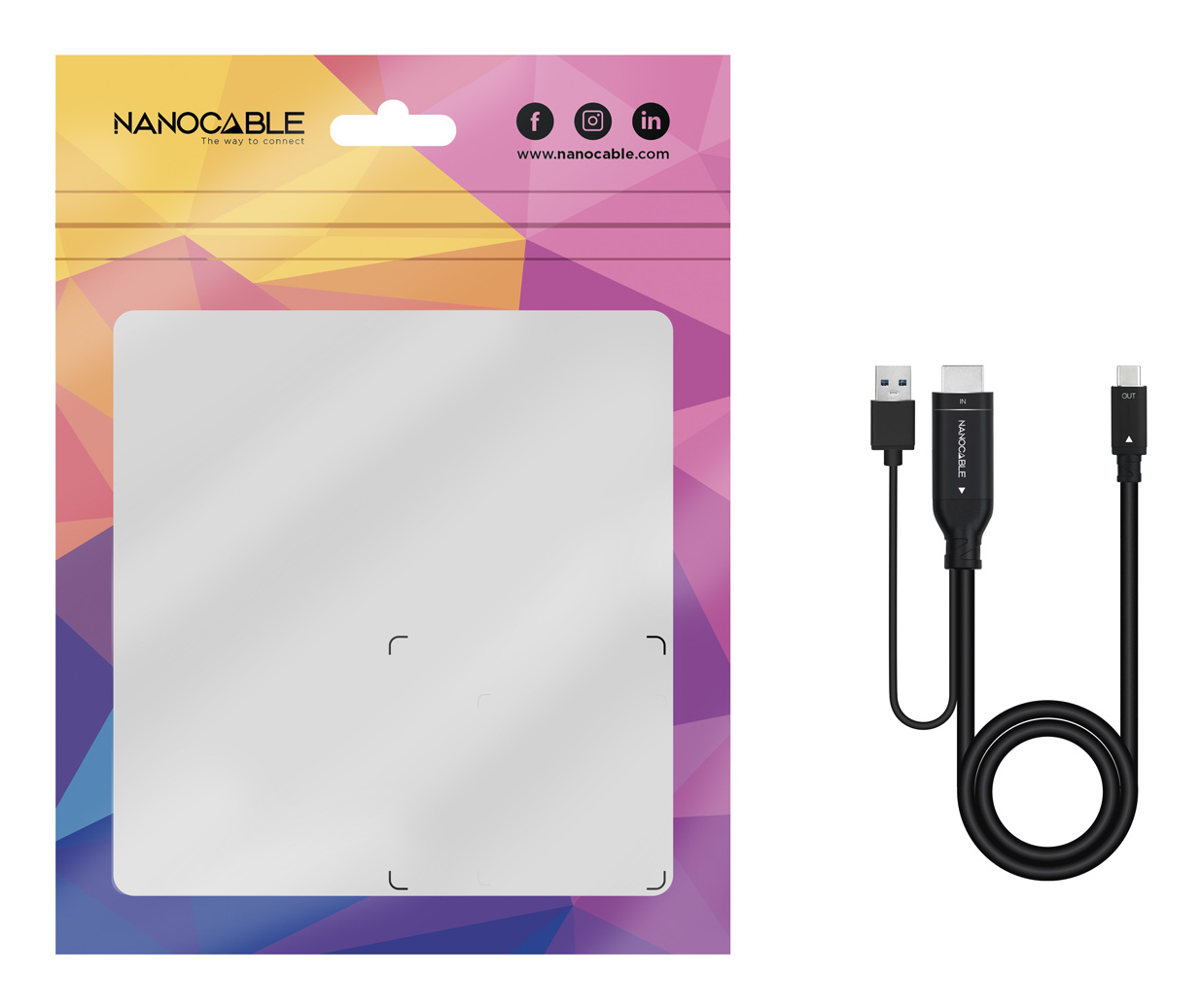 Un cable Nanocable negro con conectores USB, HDMI y USB-C, junto a un paquete con el logotipo de Nanocable.