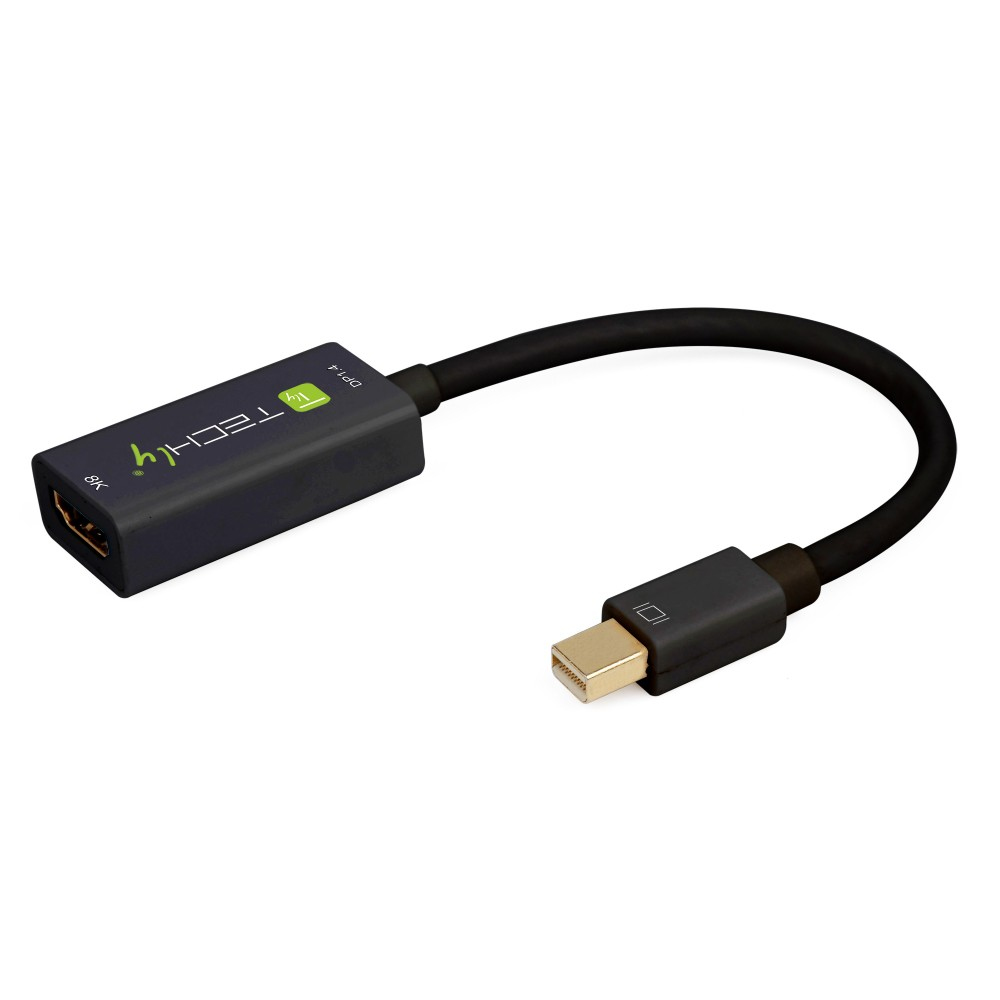 Un cable adaptador negro con un conector Mini DisplayPort y un puerto HDMI. El cable está sobre un fondo blanco.