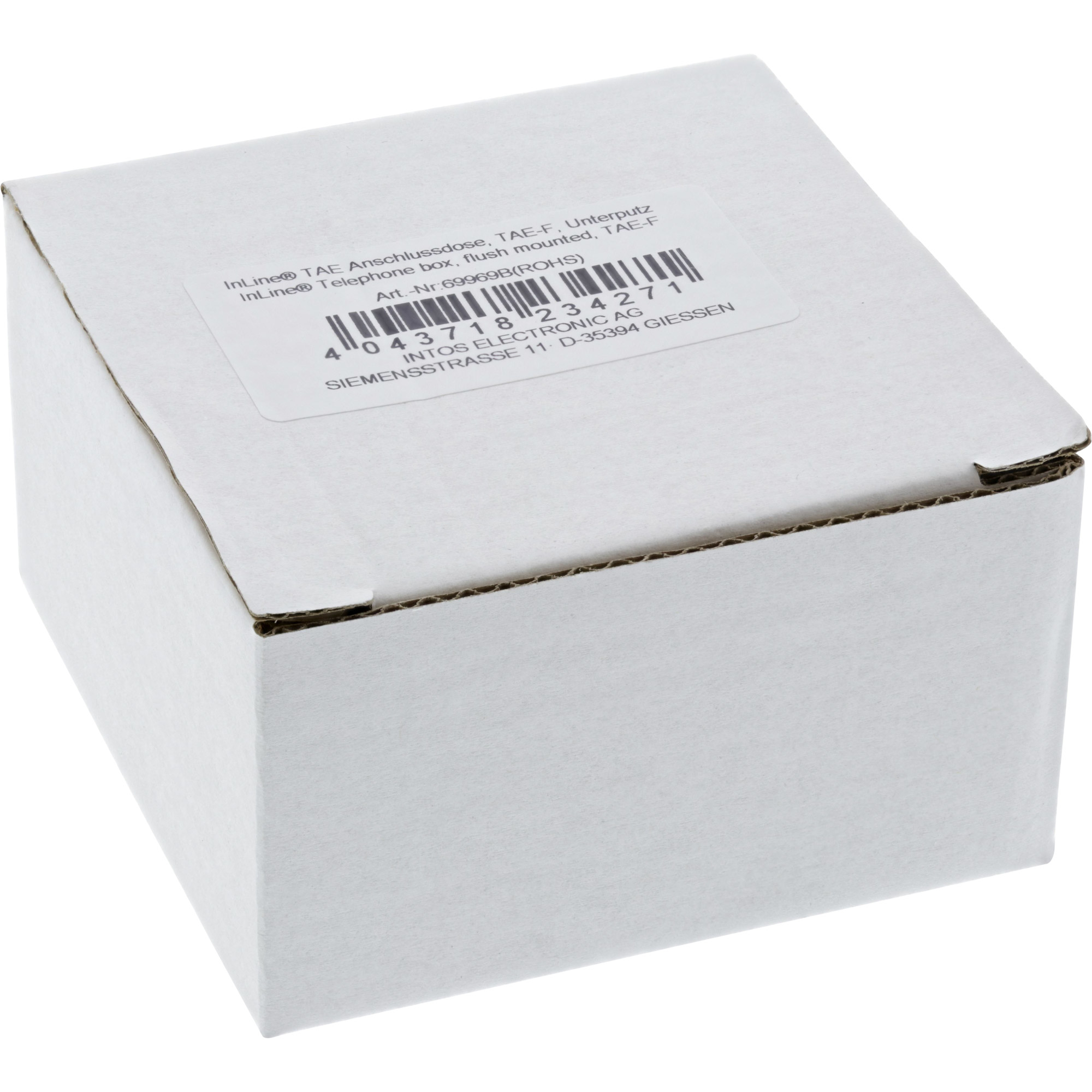 Ein weißer Pappkarton mit Produktetikett. Das Etikett hat Text und einen Barcode.