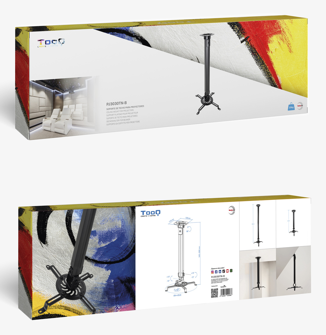 Pudełko do montażu projektora ze szczegółami produktu. Pokazuje uchwyt projektora, schemat, pokój z krzesłami i kolorową sztuką abstrakcyjną.