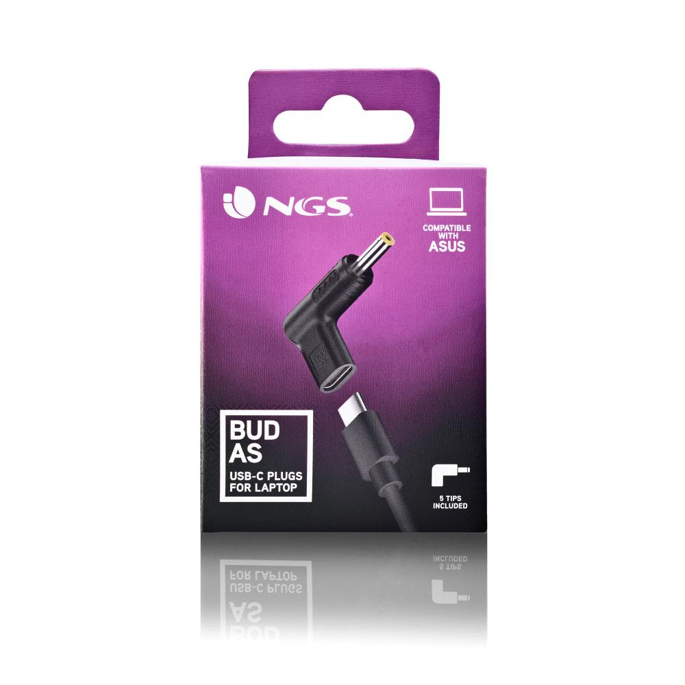 Una scatola con una spina USB-C per laptop. È compatibile con Asus. La scatola è viola e ha il logo NGS.