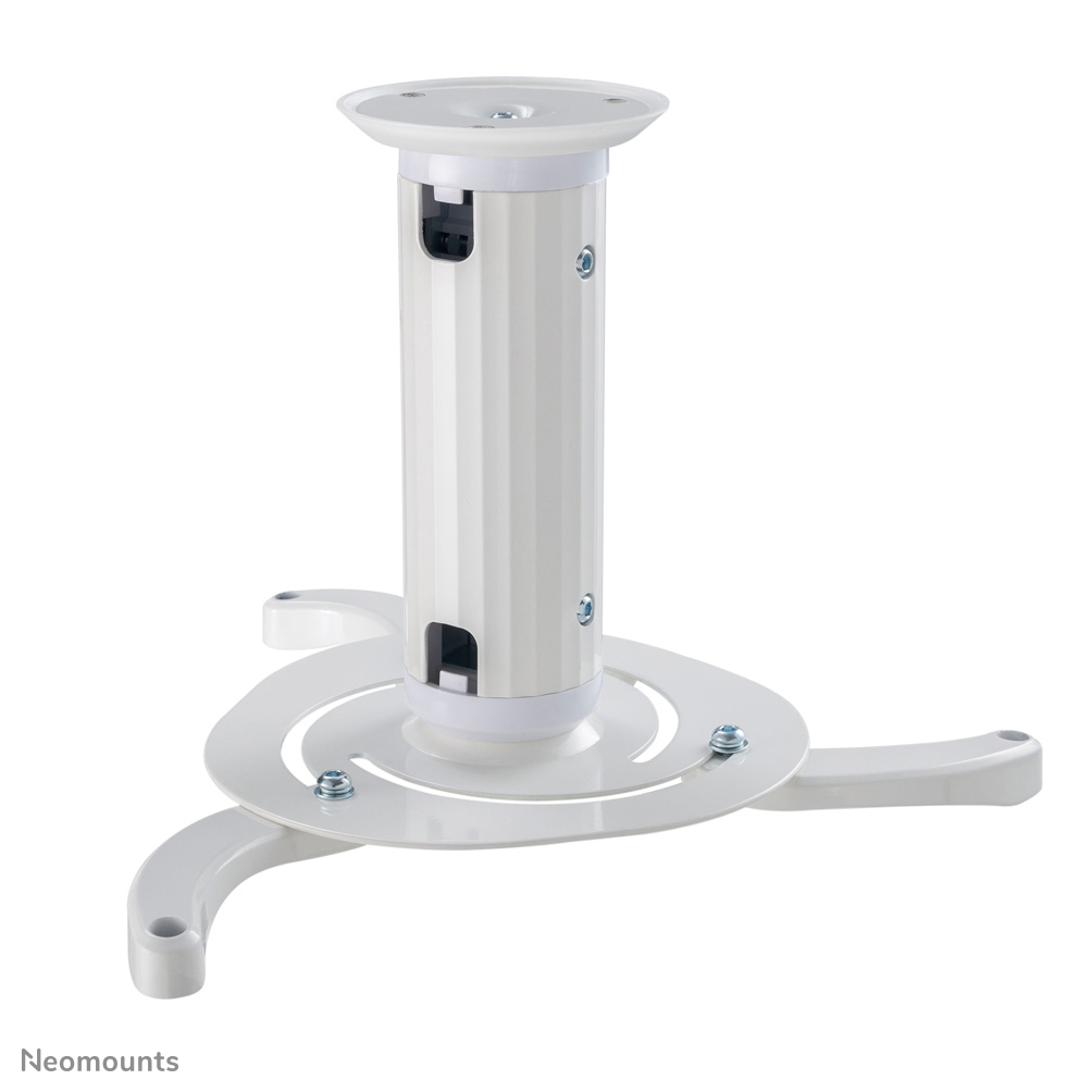 A white projector mount. It has a cylindrical body with a circular base and three arms extending outwards. Bolts are visible.