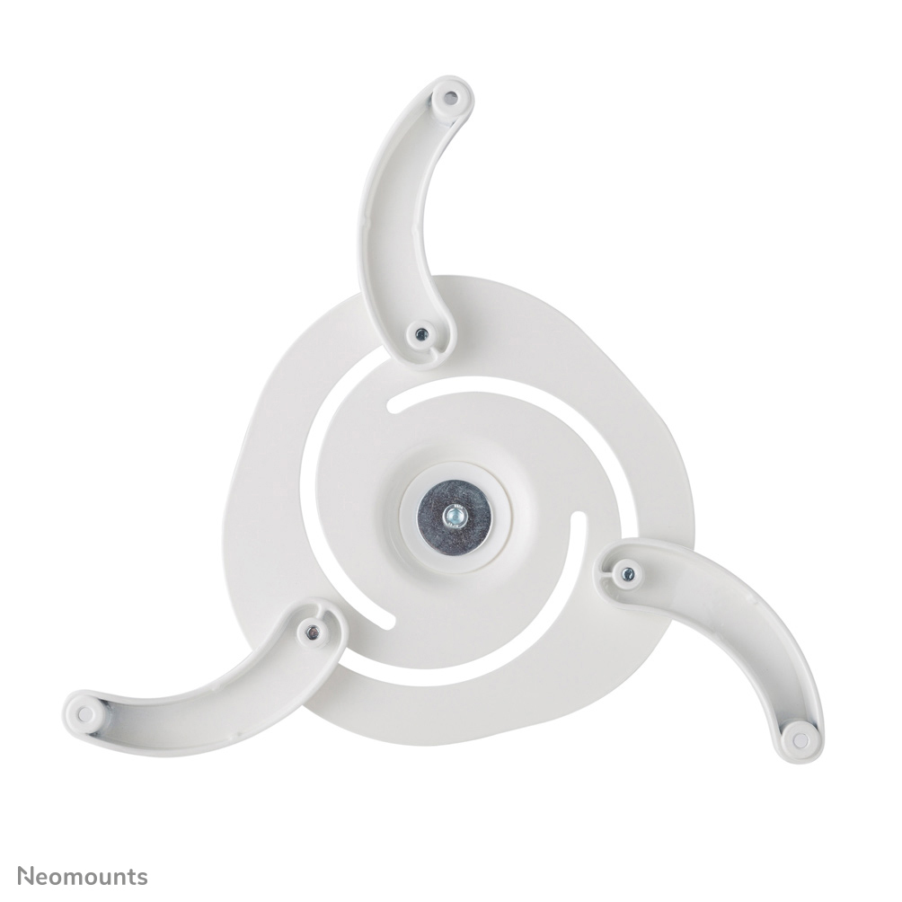 A white, circular mounting component with three curved arms extending outward. A central metal fastener is visible.