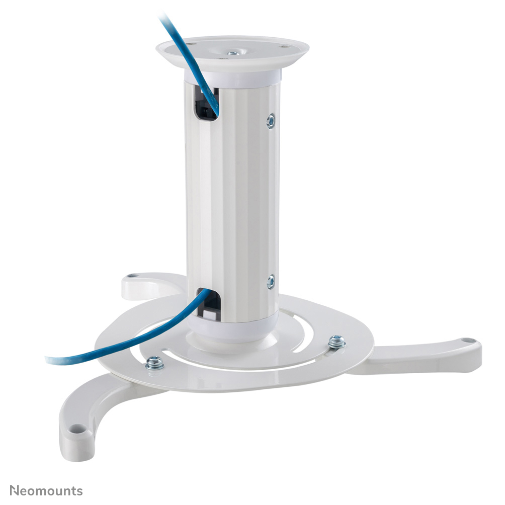 A white projector mount with a blue cable running through it. The mount has a circular base and a cylindrical body.