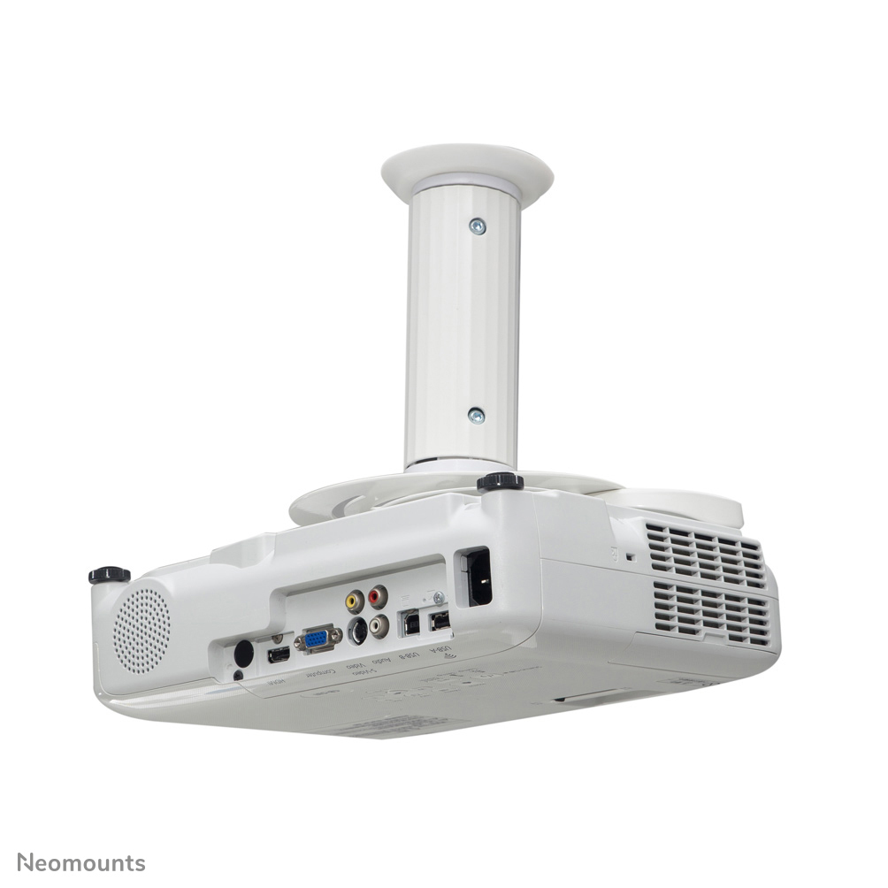 A white projector is mounted on a white ceiling mount. The projector has various input ports and a speaker. The background is white.