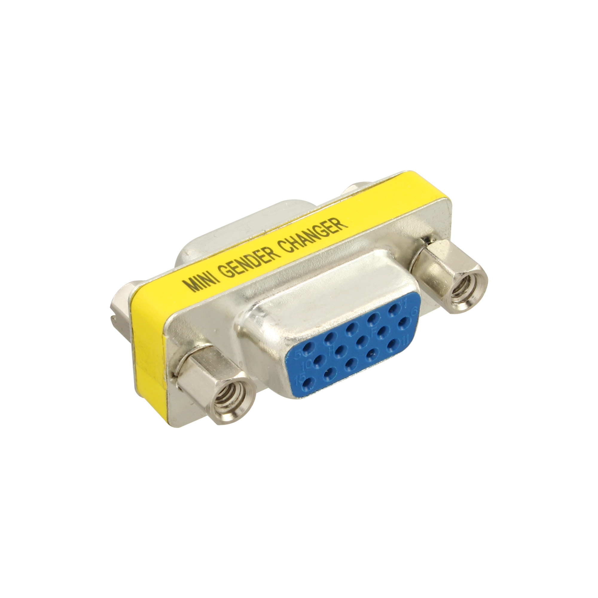 Ein Mini-Gender-Changer-Adapter mit gelbem Etikett und blauem Stecker auf weißem Hintergrund.