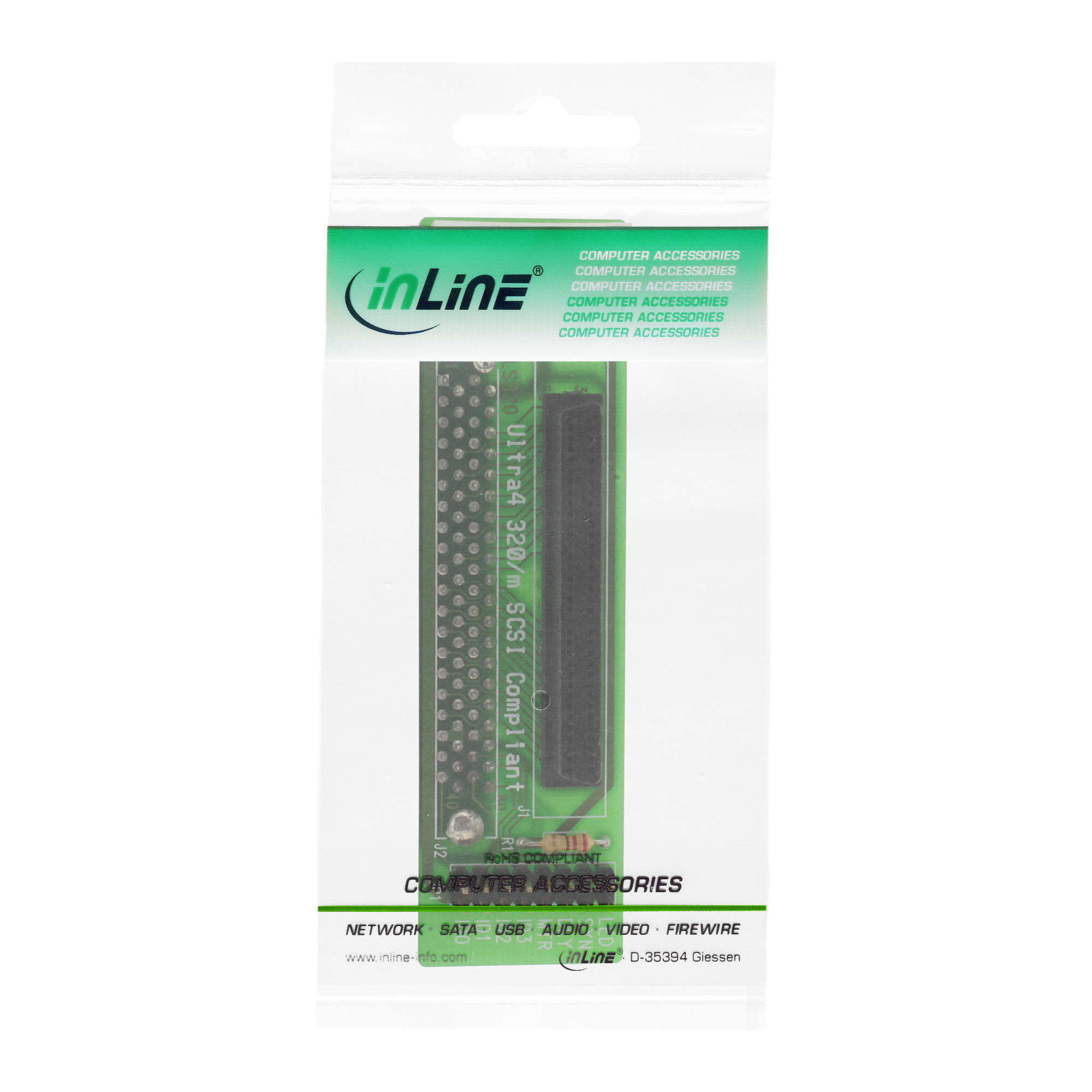 Ein Computerbauteil, verpackt in Kunststoff, mit grüner und schwarzer Leiterplatte. Text enthält 'inLine' und 'Computerzubehör'.