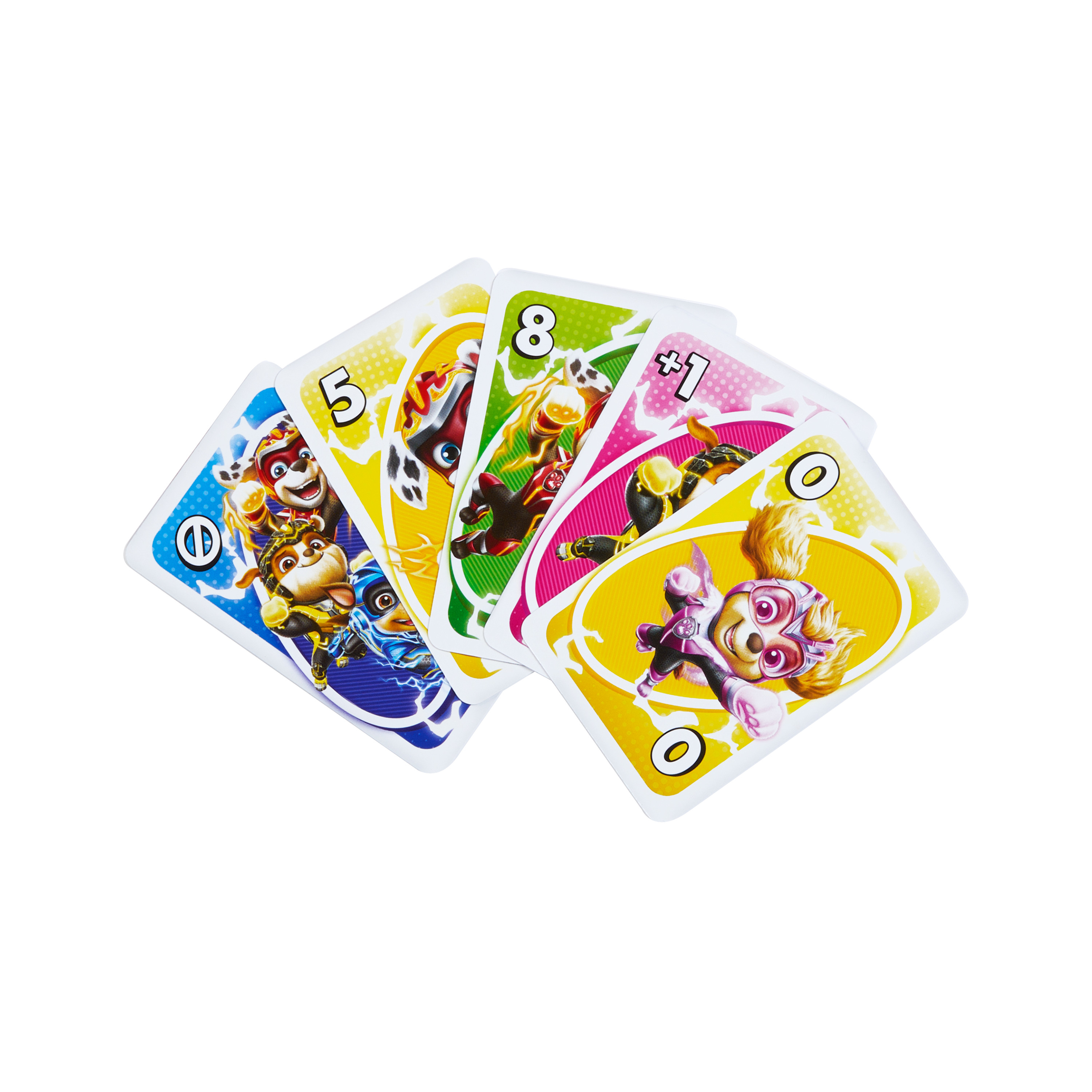 Verschillende Uno-kaarten met PAW Patrol-personages uitgespreid tegen witte achtergrond.