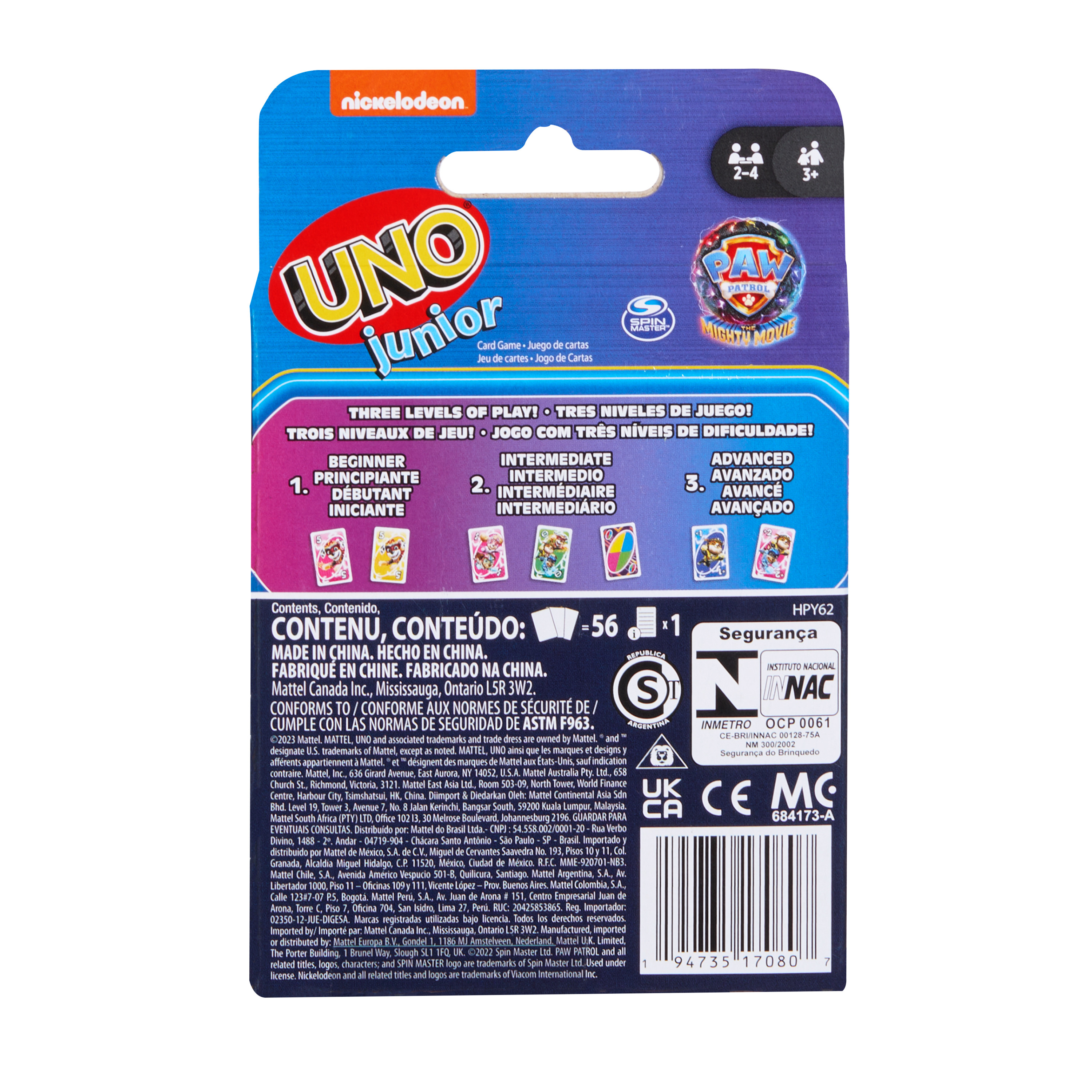 Doos Uno Junior kaartspel met Paw Patrol, leeftijden 2-4 en 3+.