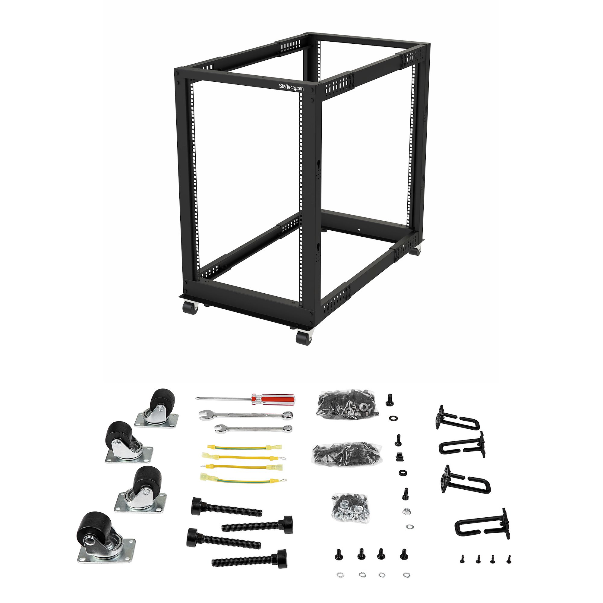 Rack de servidor negro con ruedas y hardware de montaje, incluidos tornillos, llaves y ruedas, sobre fondo blanco.