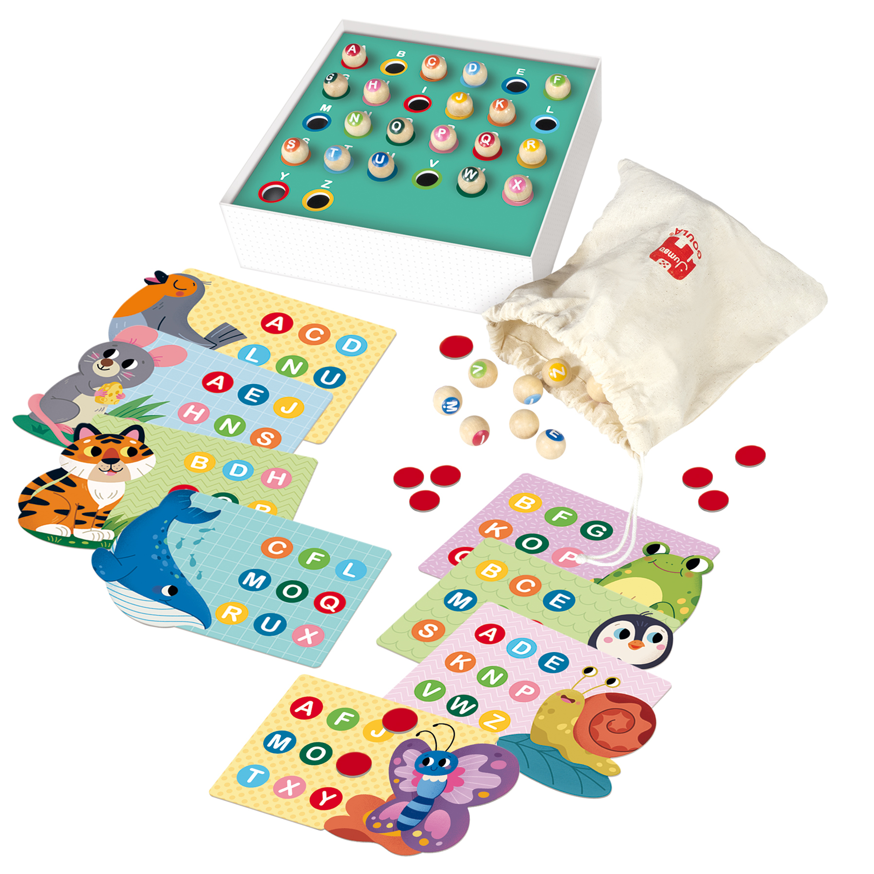 Un juego infantil con letras, animales y tarjetas de emparejamiento. Incluye una caja, bolsa, cartas, piezas de madera y círculos rojos.