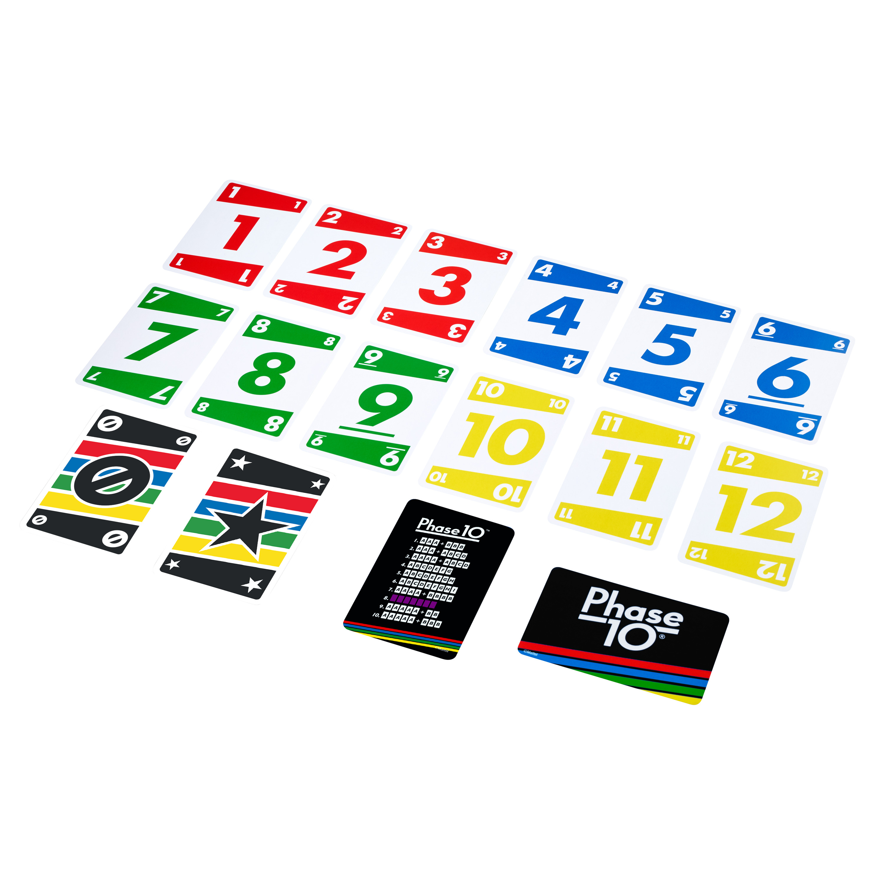 Jeu de cartes Phase 10. Cartes numérotées de 1 à 12 en plusieurs couleurs. Comprend des instructions et des cartes spéciales.