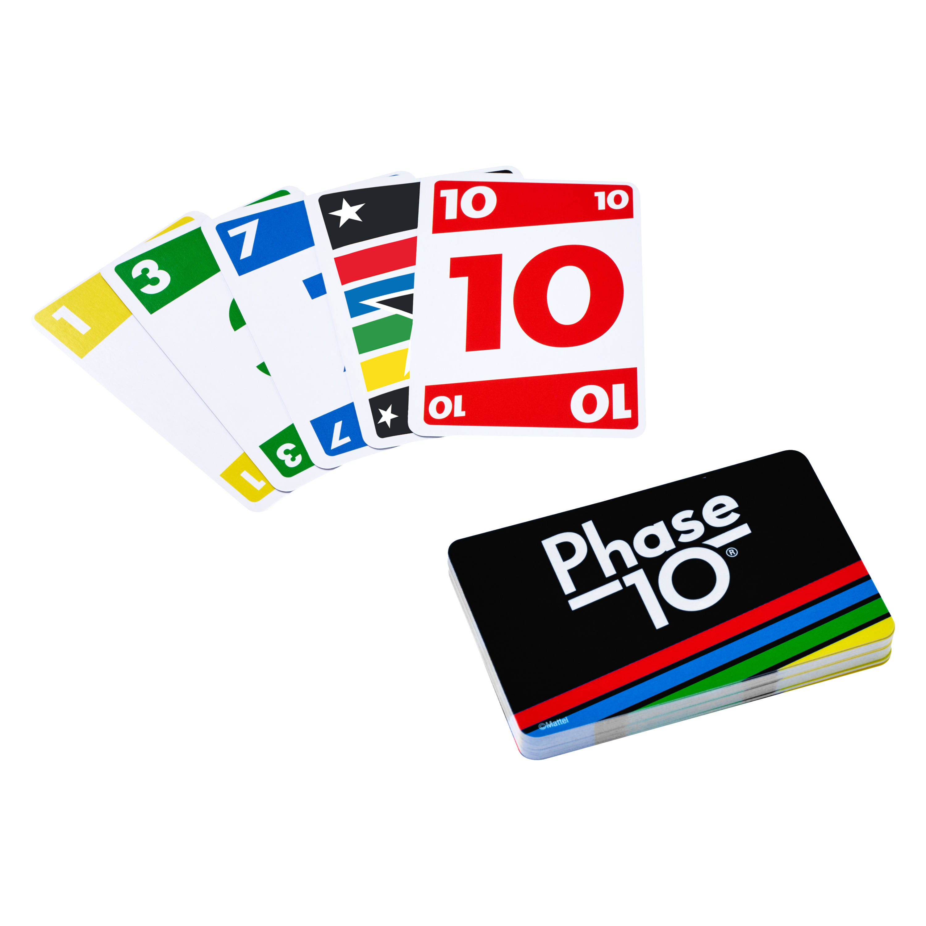 Jeu de cartes Phase 10. Cartes en éventail, avec chiffres et couleurs. Un jeu de cartes en bas.