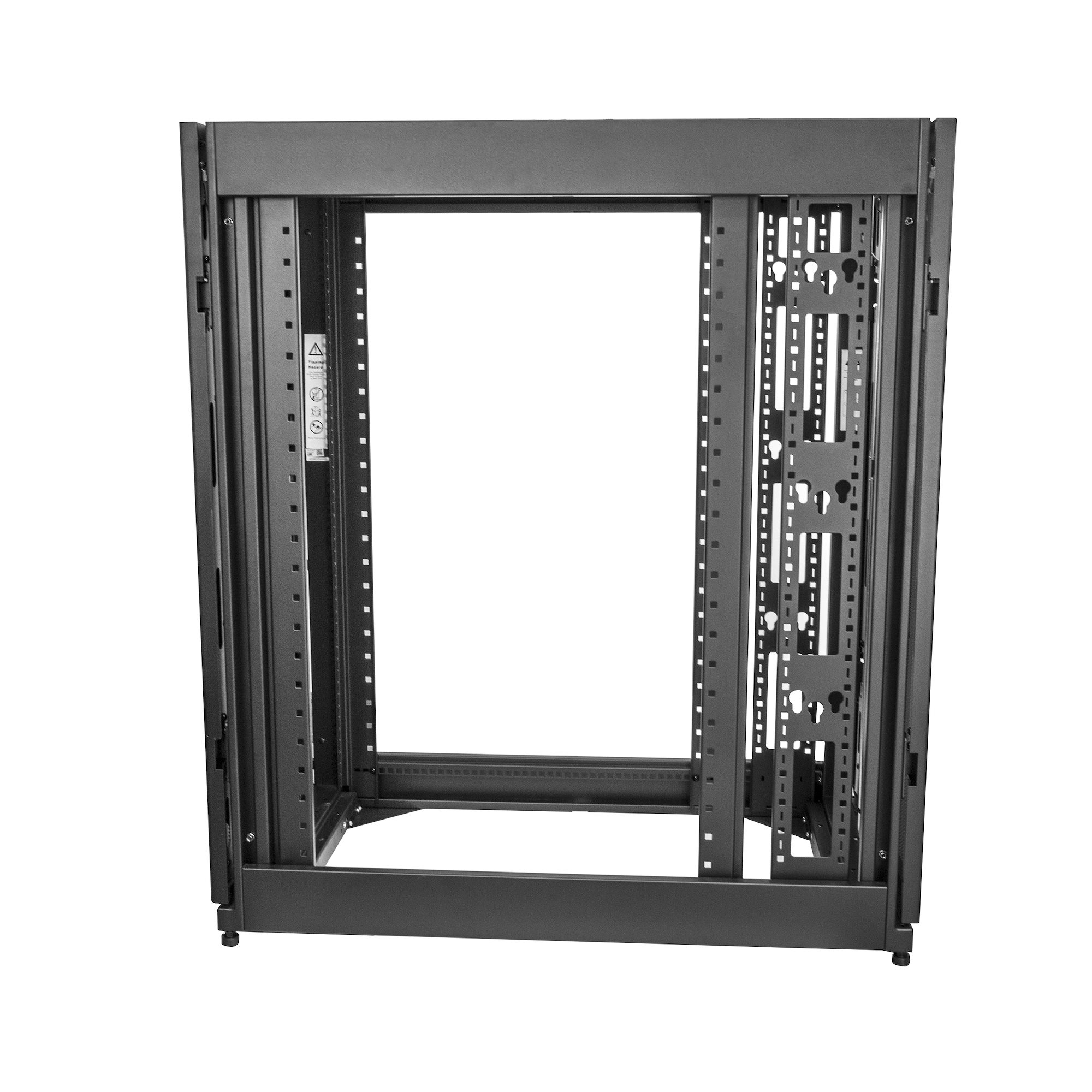 Ein schwarzer Server-Rack-Rahmen. Der Rahmen hat quadratische Löcher zur Montage von Geräten. Innen leer und isoliert.