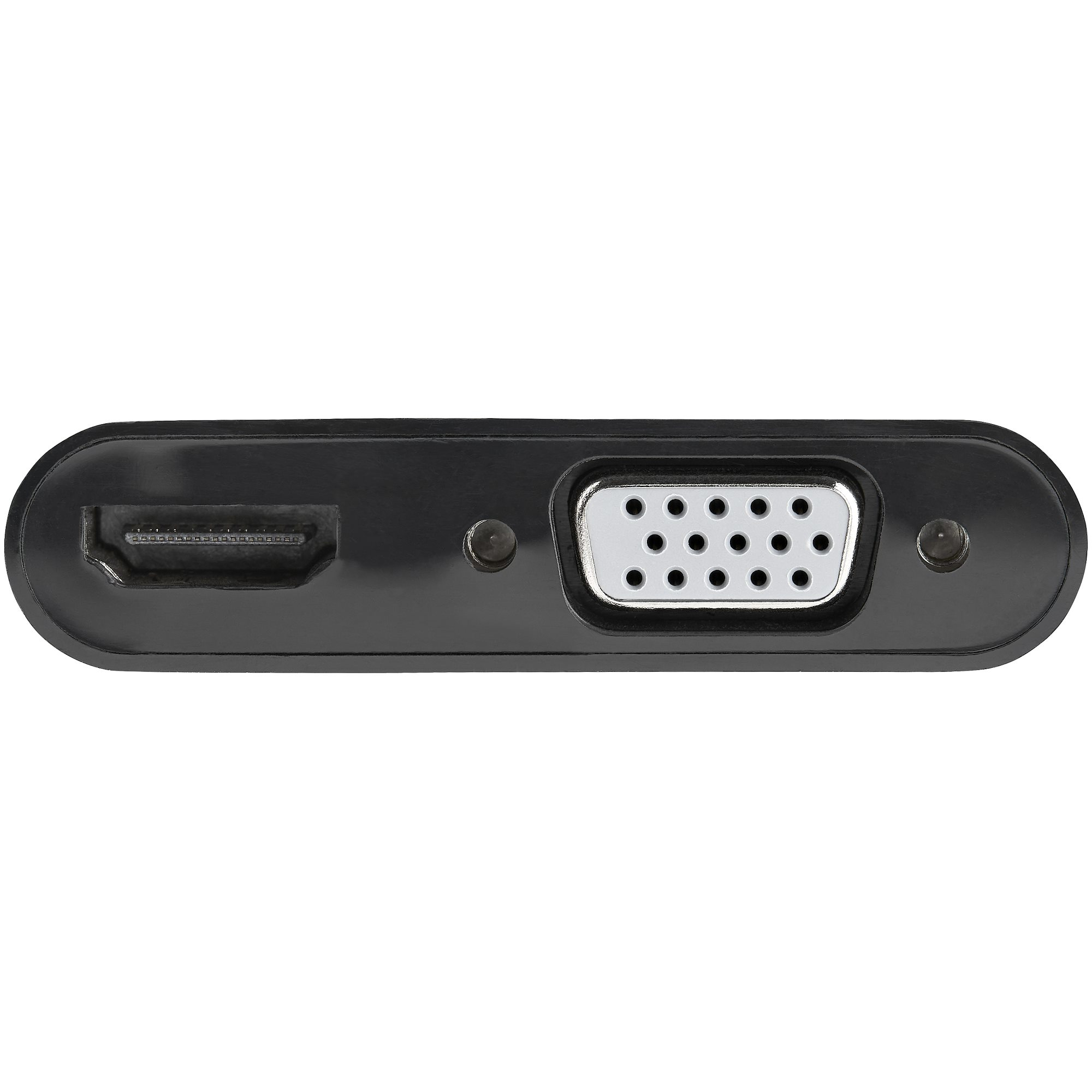 Un adaptador negro con un puerto HDMI y un puerto VGA con tornillos. Fondo blanco.