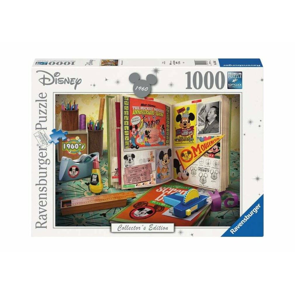 Una scatola di puzzle Disney da 1000 pezzi. Il puzzle mostra un libro aperto con immagini di Mickey Mouse e oggetti correlati.