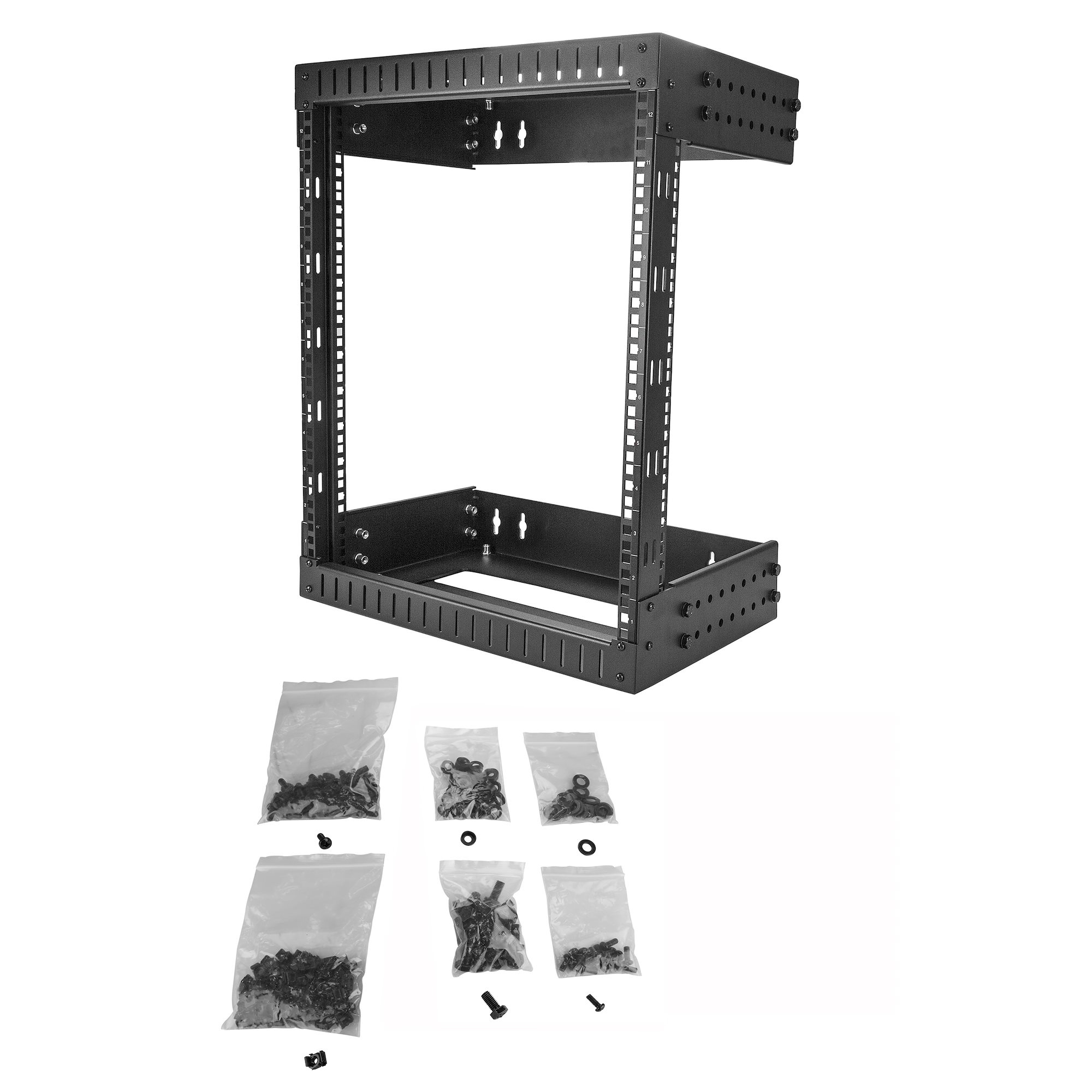 Un rack de servidor negro con tornillos y pernos en bolsas de plástico. Está contra un fondo blanco.
