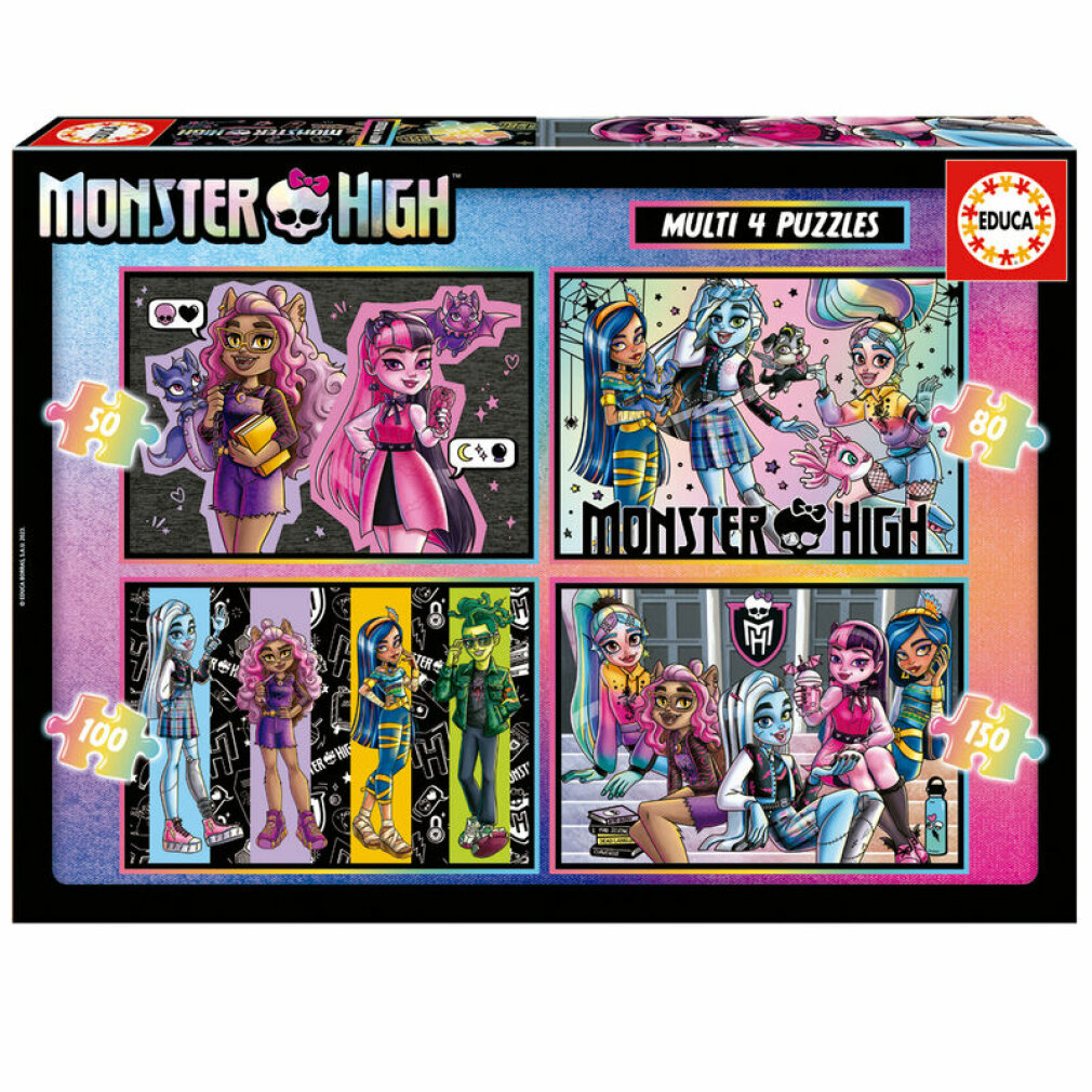 Pudełko z puzzlami Monster High. Zawiera wiele puzzli, każdy z postaciami Monster High. Zawiera elementy i logo Educa.