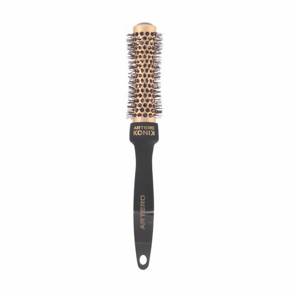 Un cepillo de pelo redondo con mango negro y cabezal con cerdas doradas. La marca es visible en el mango y la cabeza.
