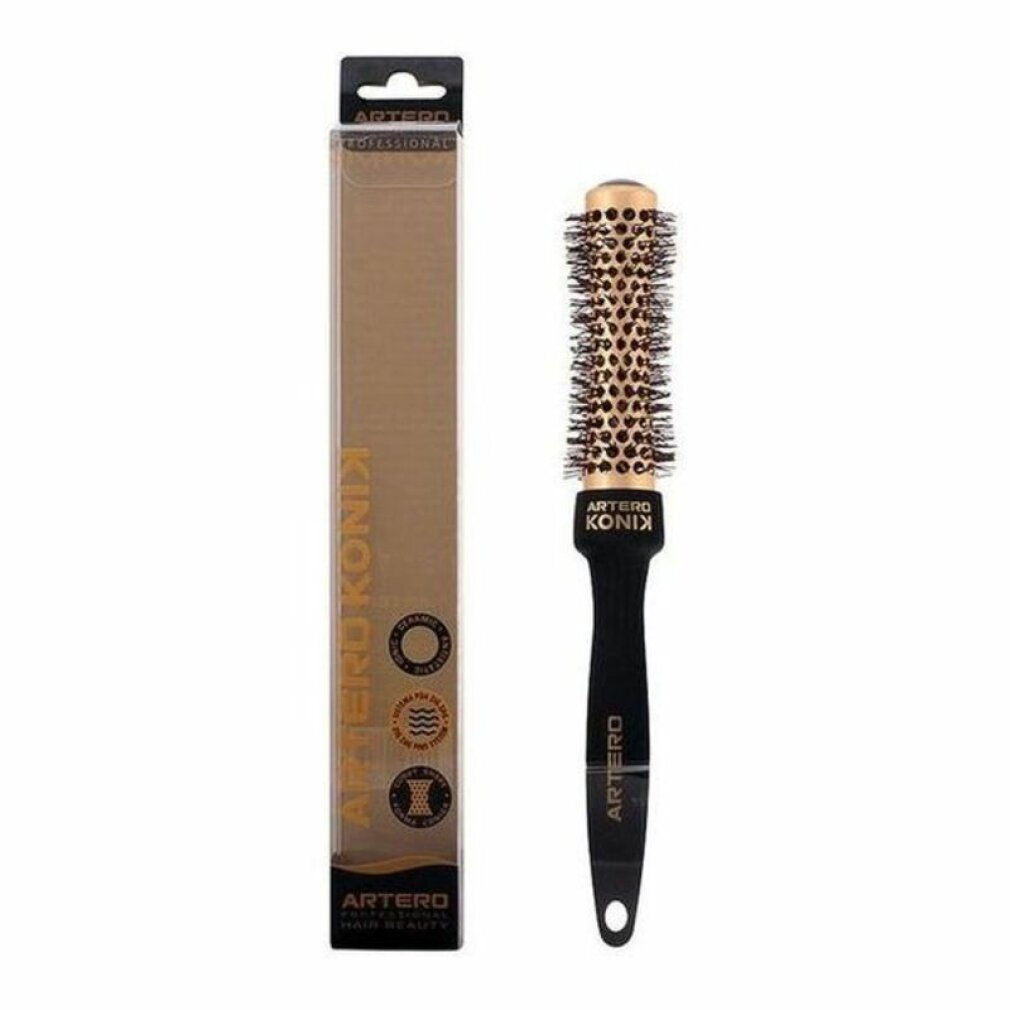 Un cepillo para peinar el cabello y su embalaje. El cepillo es negro con un barril dorado. El embalaje es una caja transparente con marca.