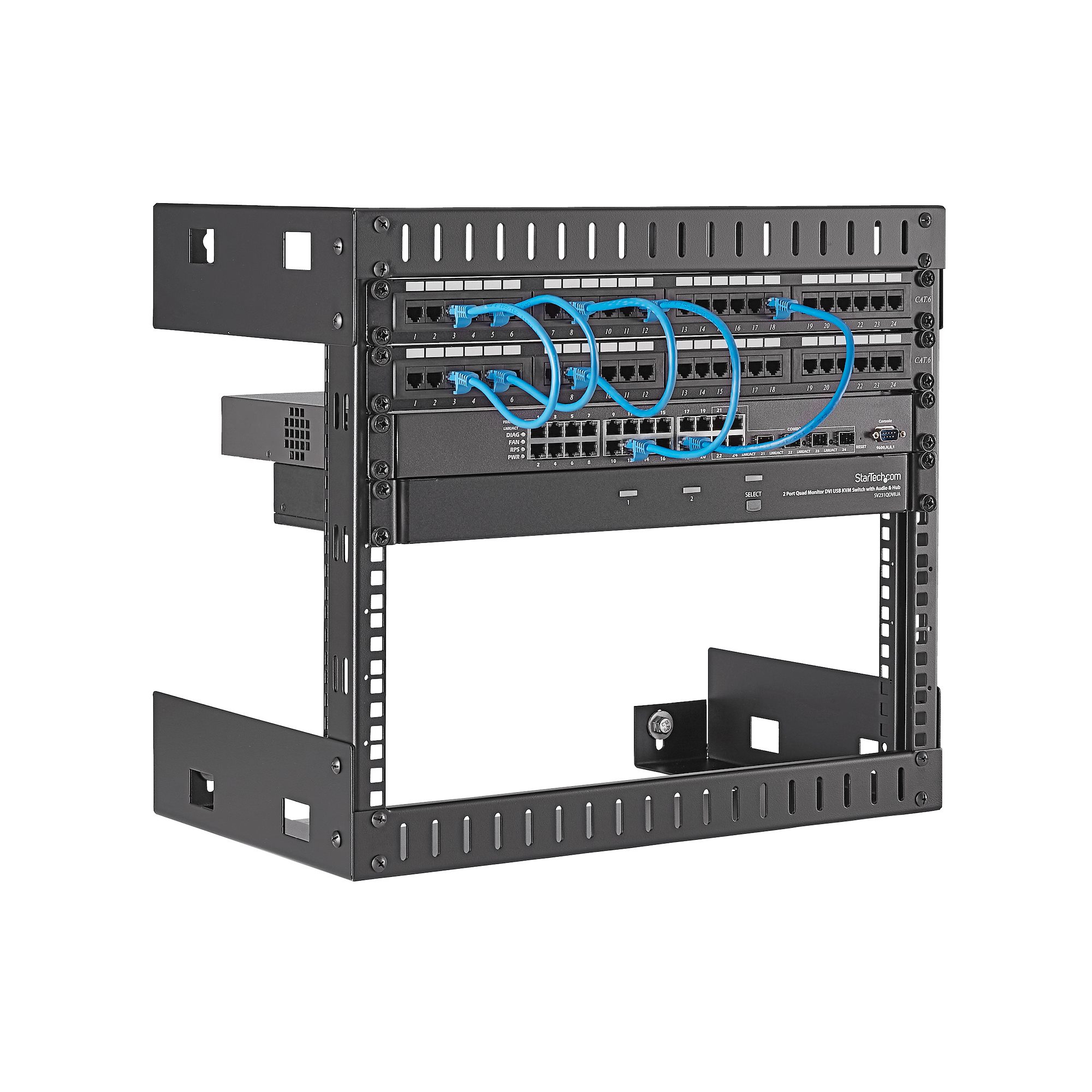 Un rack de servidor negro con cables de red azules conectados a varios puertos. Cuenta con múltiples dispositivos de red y etiquetas.