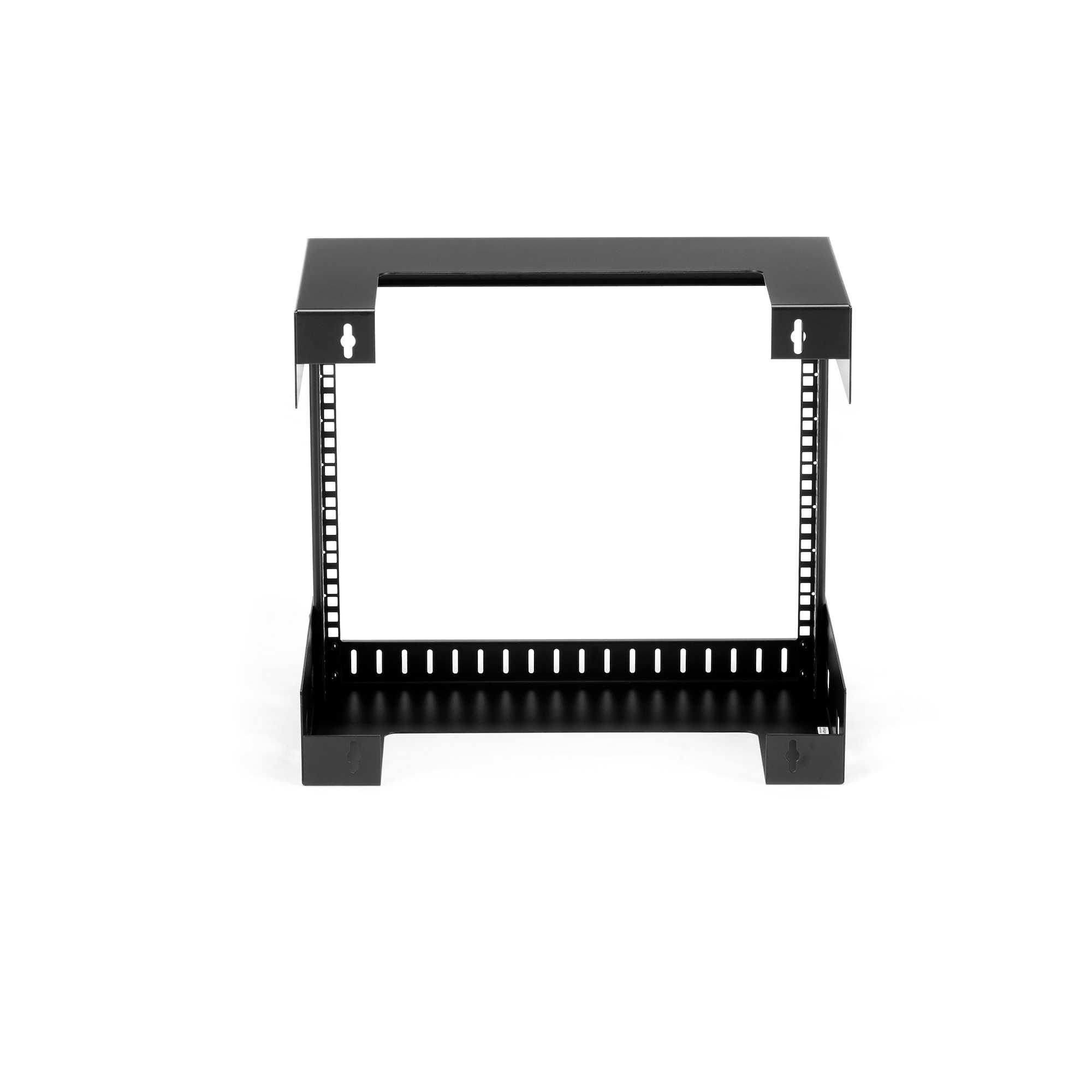 Un componente de rack metálico negro, rectangular con rieles verticales y una serie de agujeros. Aislado sobre fondo blanco.