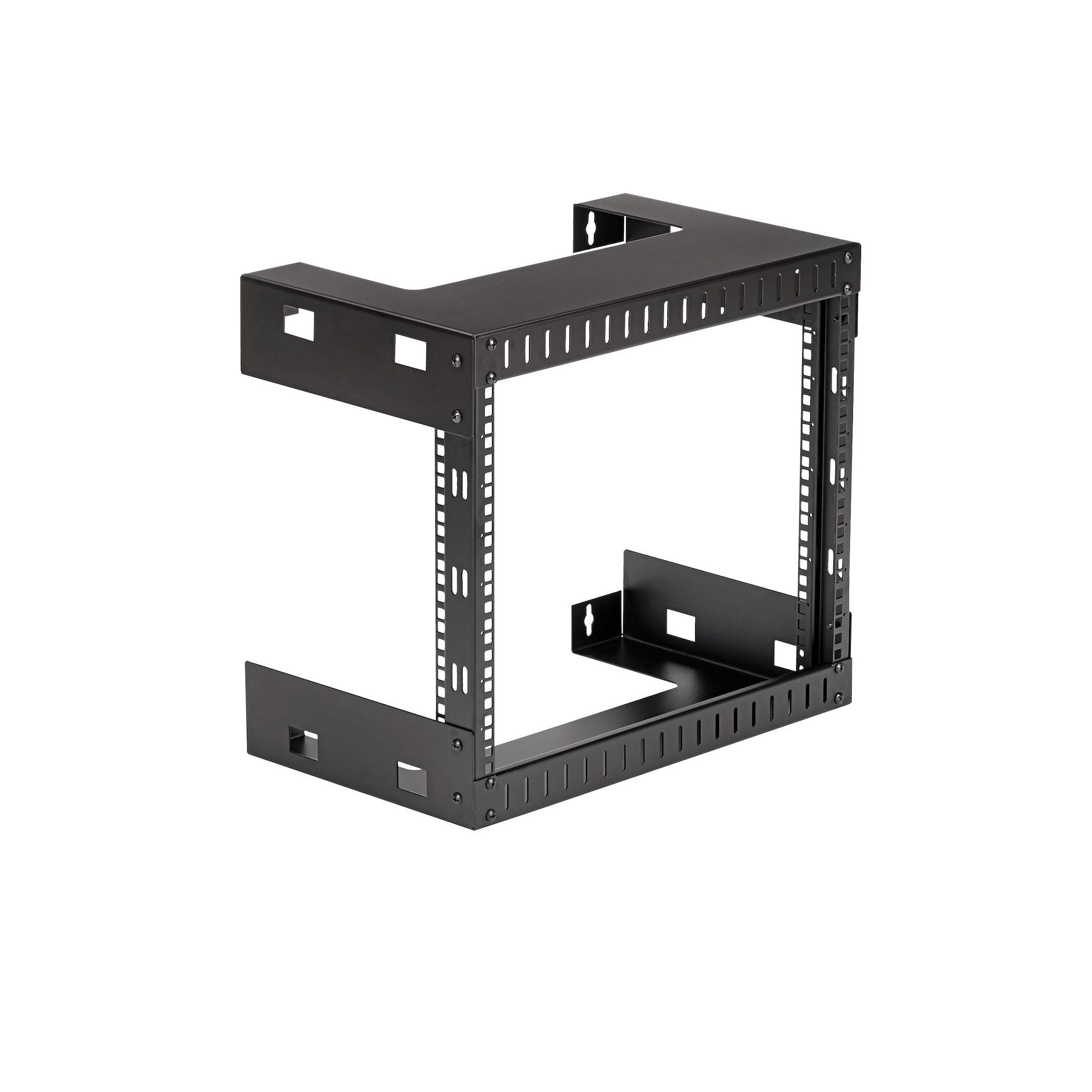 Soporte de montaje en rack de metal negro con orificios rectangulares y rieles de montaje verticales. Aislado sobre fondo blanco.